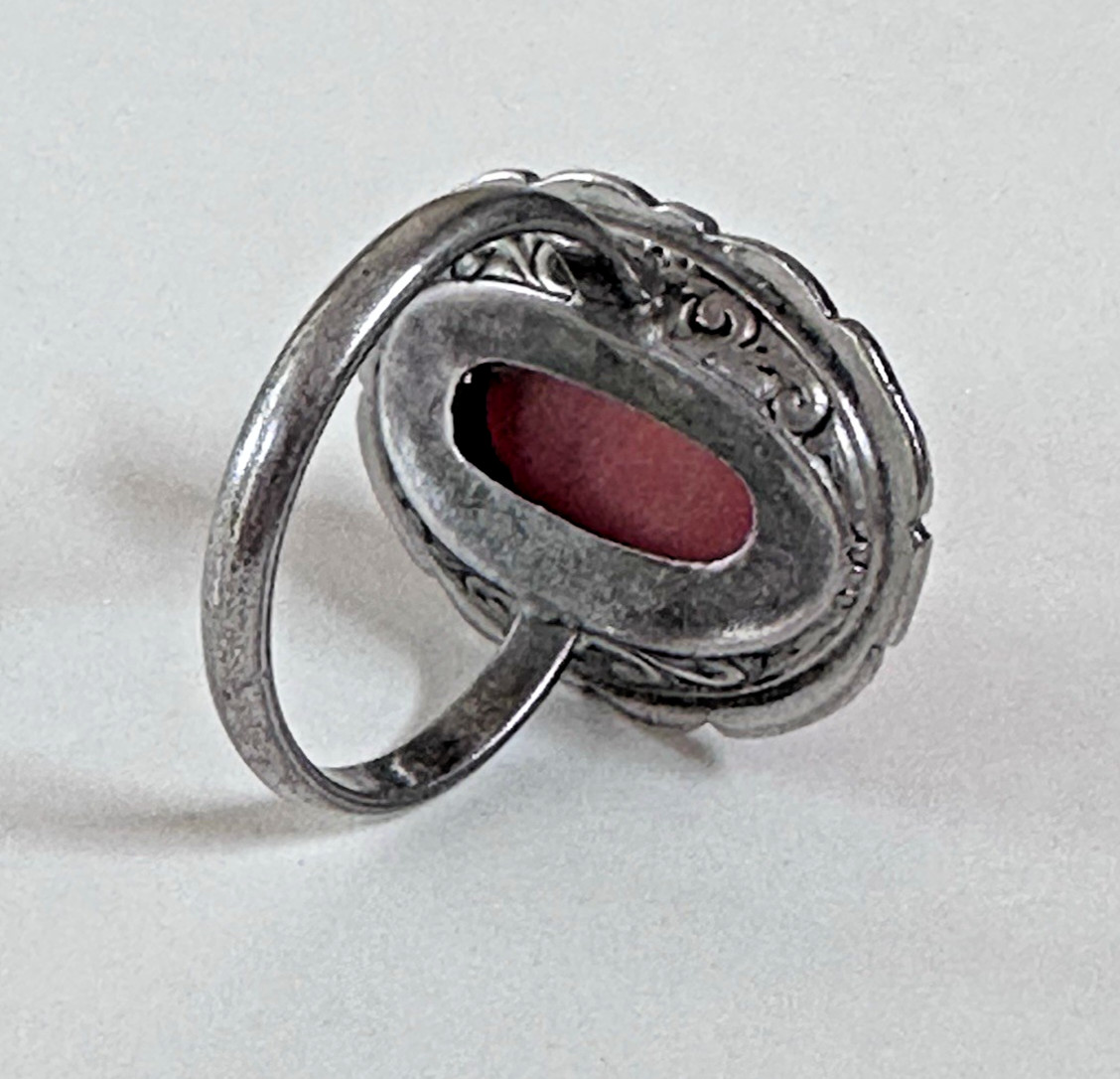 Carved Coral Floral Design Marcasite Art Deco Antique Sterling Silver Ring 5.5
