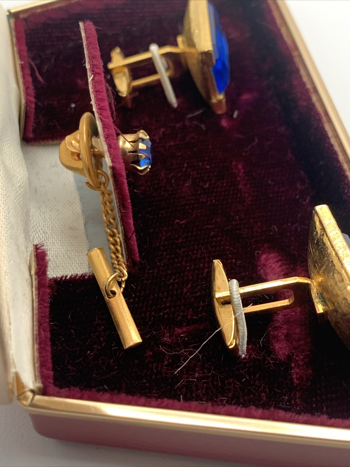 VINTAGE Royal Cobalt BLUE CUFF LINKS Tie Clip Set Made In Japan Box Gift NEW