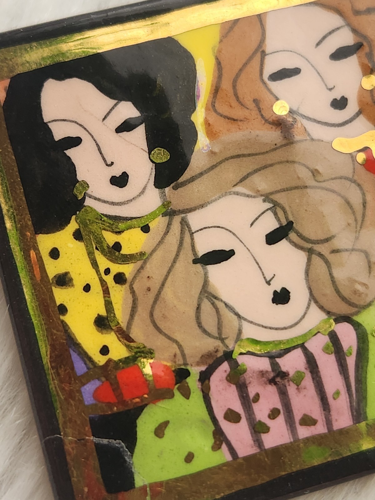 Laura Mostaghel Signed Hand Painted Folk Art Brooch Women Faces Portrait