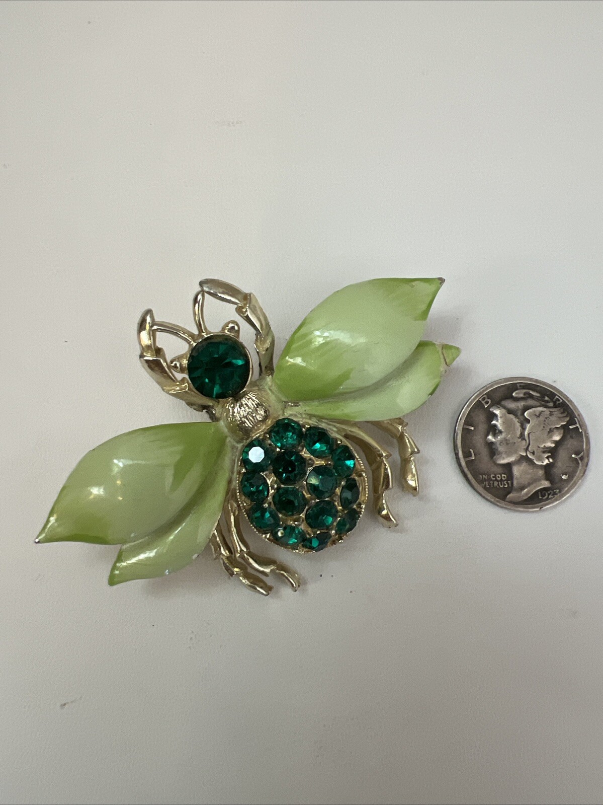 Vintage Emerald Green Rhinestone Lime Green Enamel Flying Insect Bug Brooch