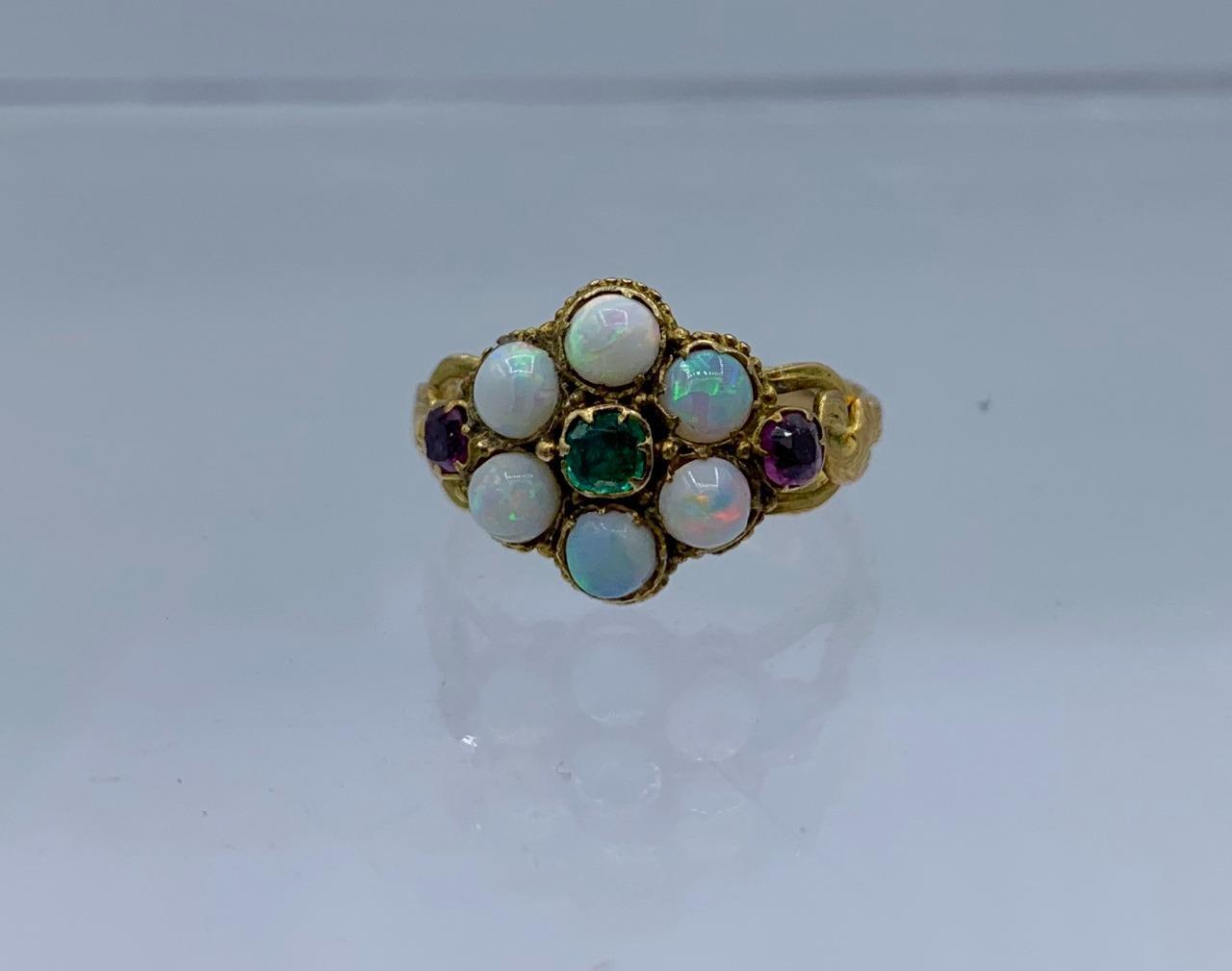 Victorian Opal Emerald Ruby Ring Antique Wedding Engagement Ring 14 Karat Gold