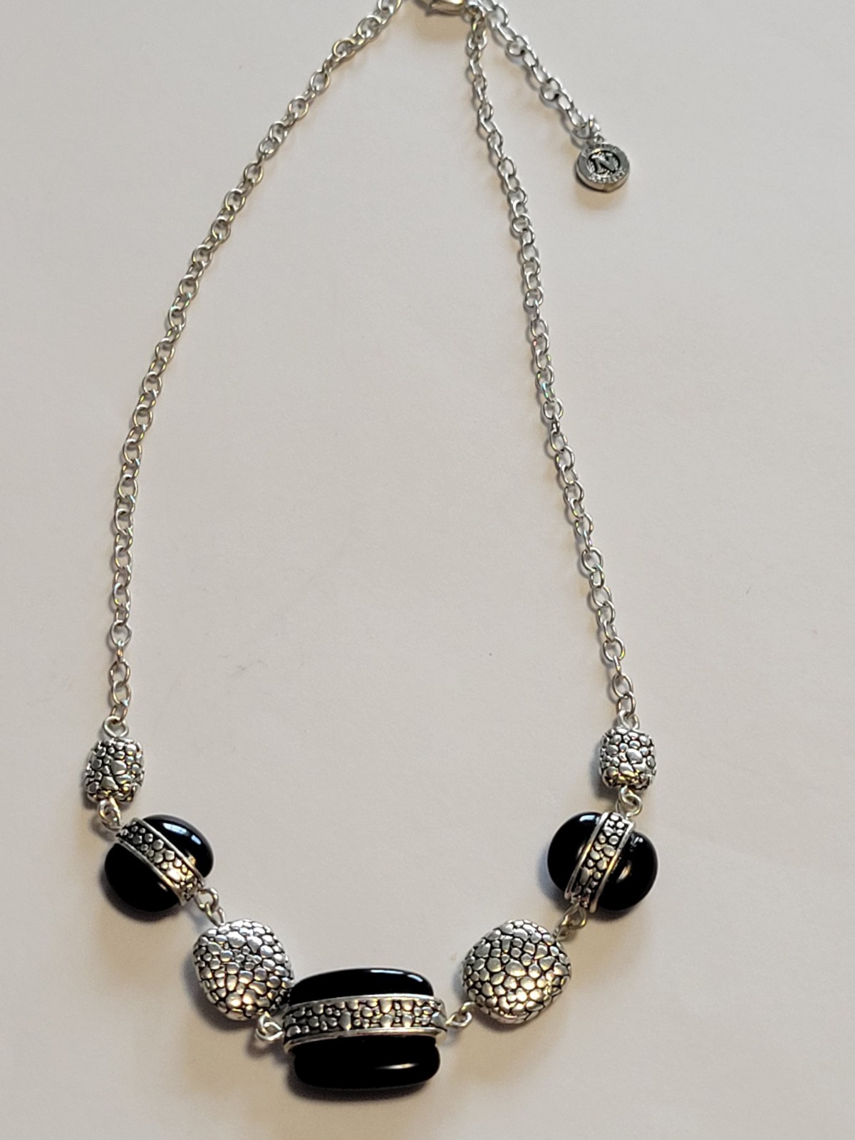 Vtg Napier Silver-Tone Cable Chain Necklace with Black & Silver Charms