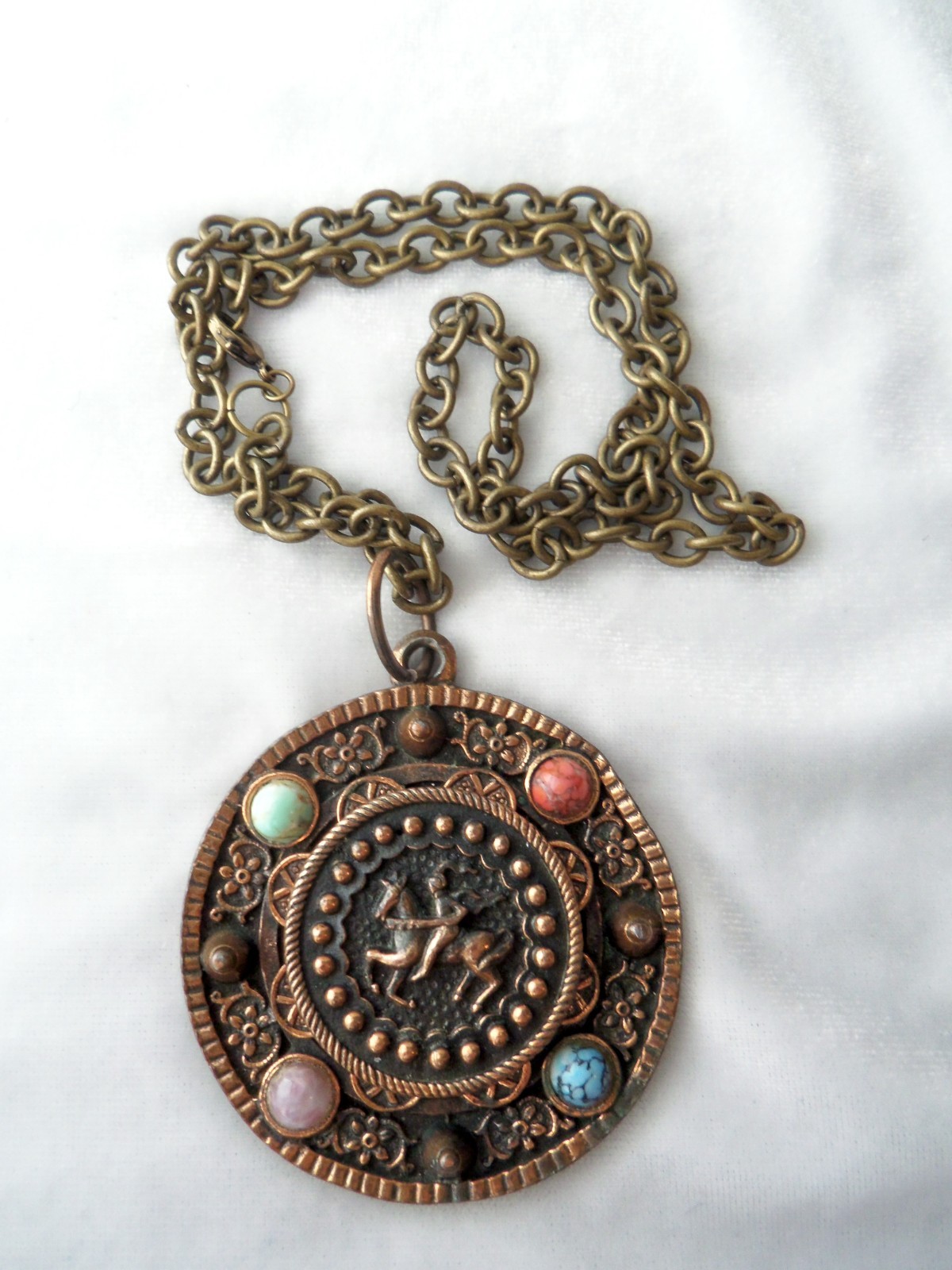 Vintage Copper Brass Faux Gemstone Knight Crest Shield Brooch Pendant Necklace
