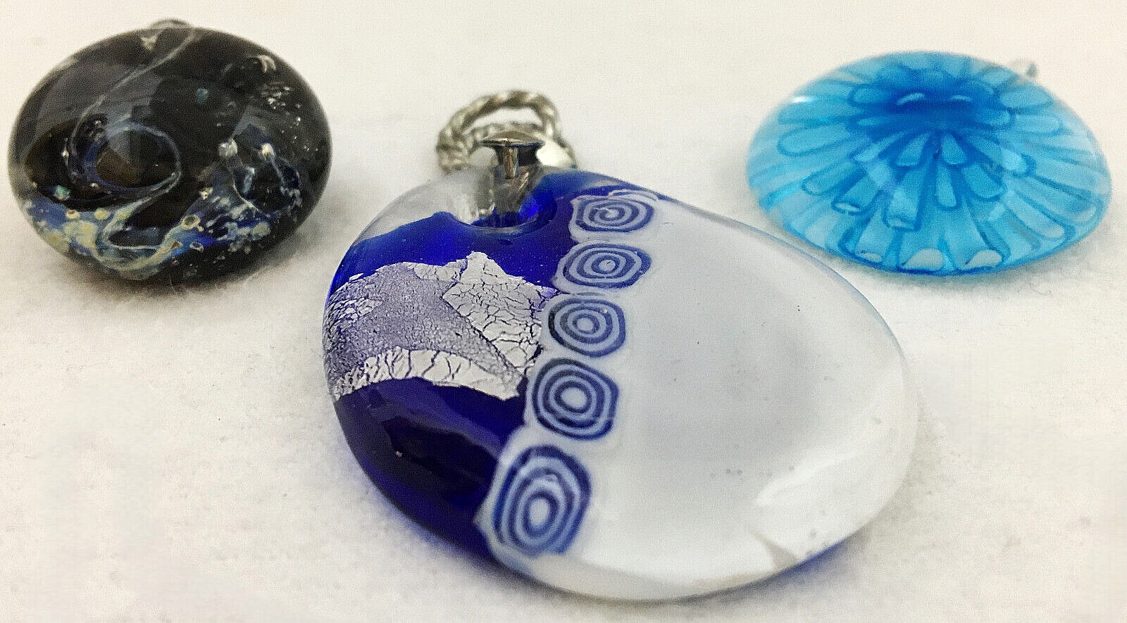 Lot of 3 Abstract Art Glass Pendants Modern Unique Blue White Foil Clear 3D