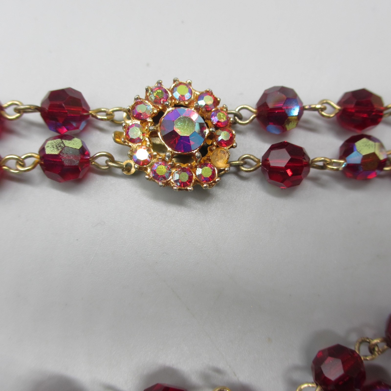 Bergere Necklace Glass AB Bead Red Festoon Tassel Rhinestone ONE MISSING RS 20″