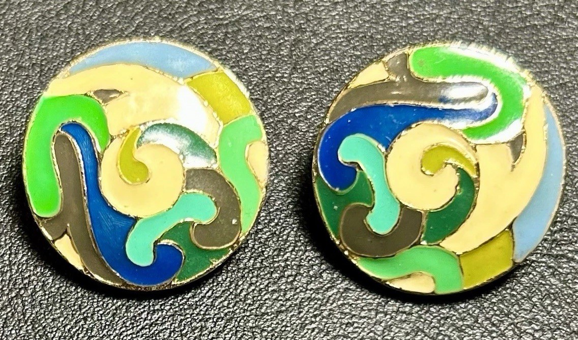 Vintage Eisenberg Art Nouveau Green Purple Cream Heavy Enamel Clip On Earrings