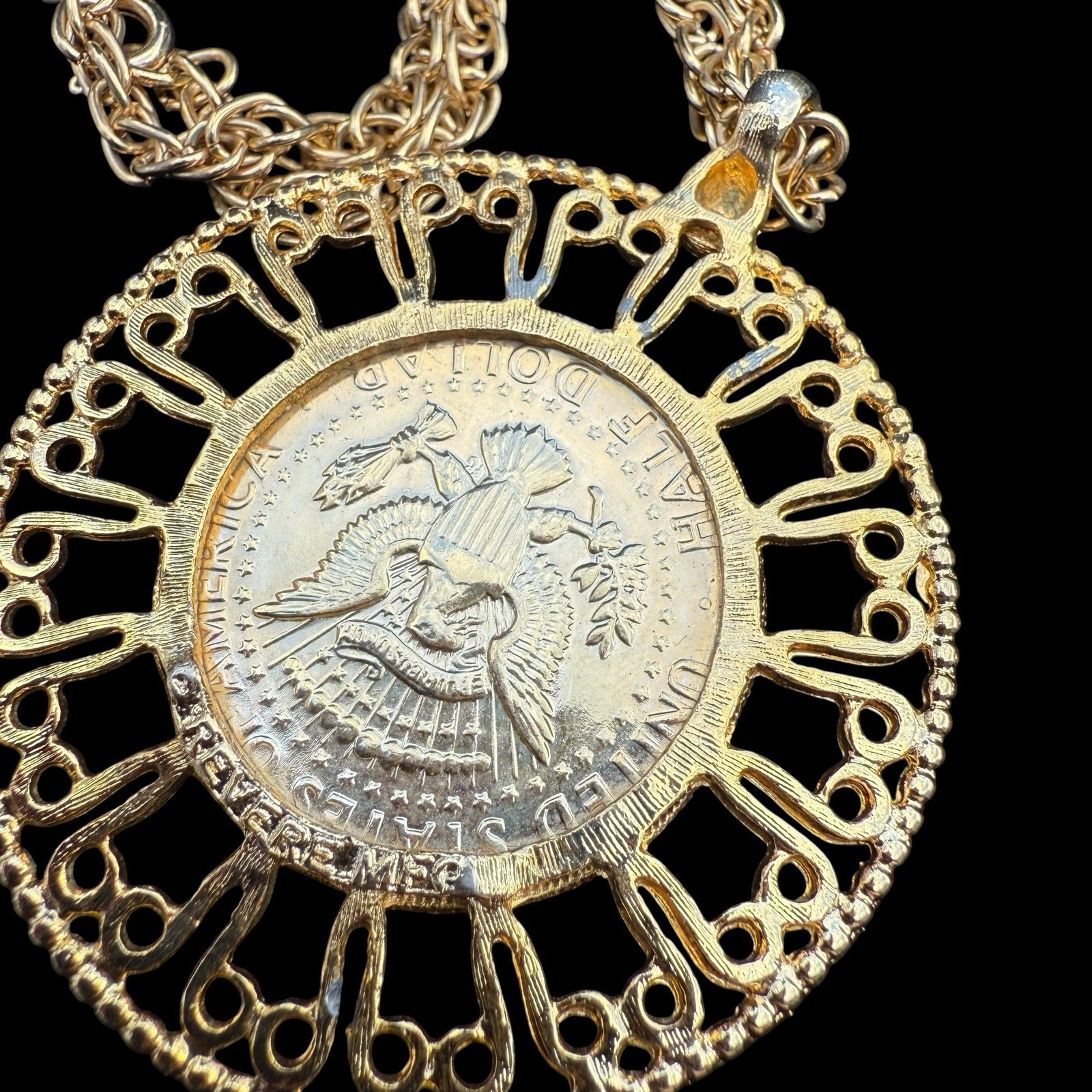 Vintage 1974 US Mint 14k HGE JFK Half Dollar Coin Necklace Revere MF w/ Box
