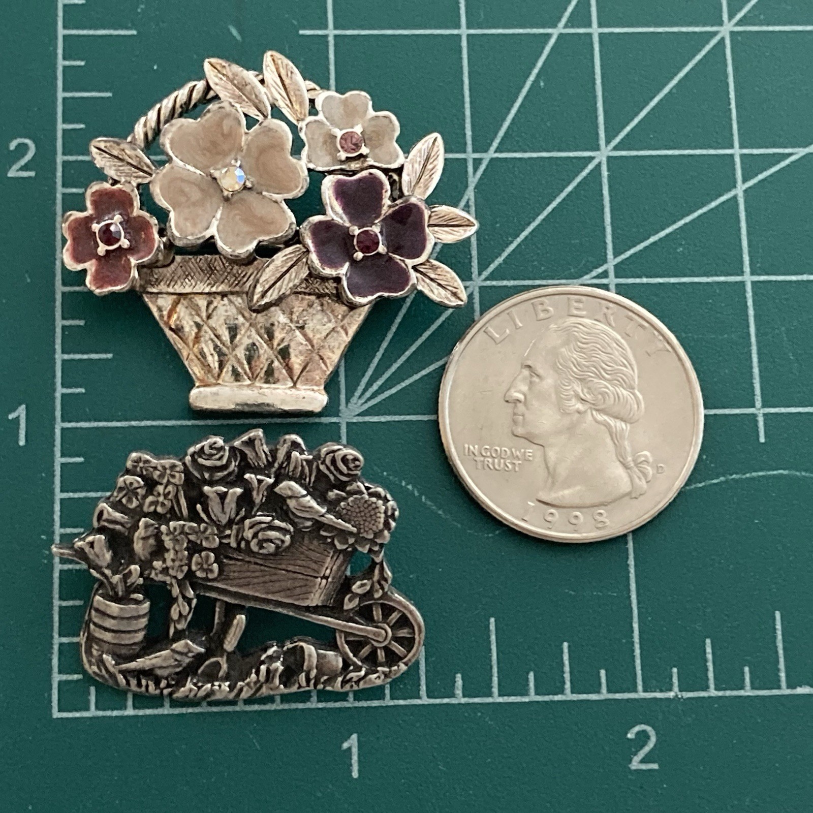 VTG Flower Basket & Wheelbarrow Brooch Lot of 2 Liz Claiborne Birds & Blooms