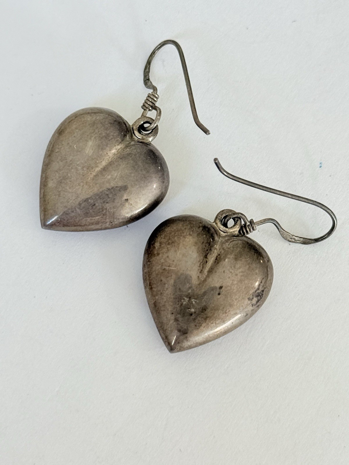 Vintage Sterling Silver 925 Puffy Heart Drop Dangle Hook Earrings