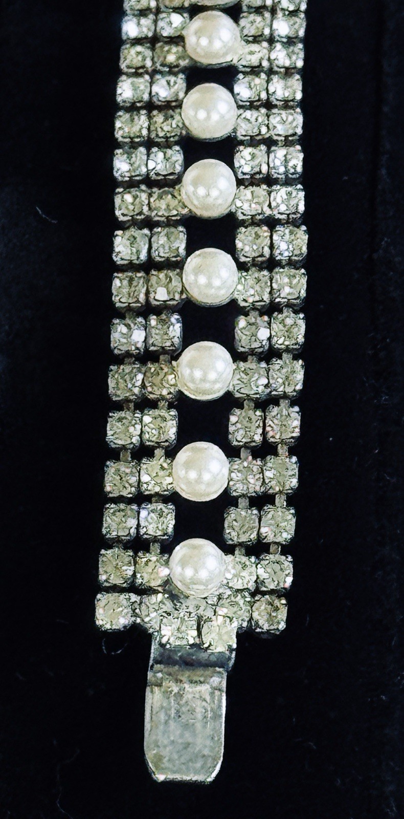 Vintage Multi Strand Clear Round Rhinestones and Faux Pearls Bracelet Box Clasp