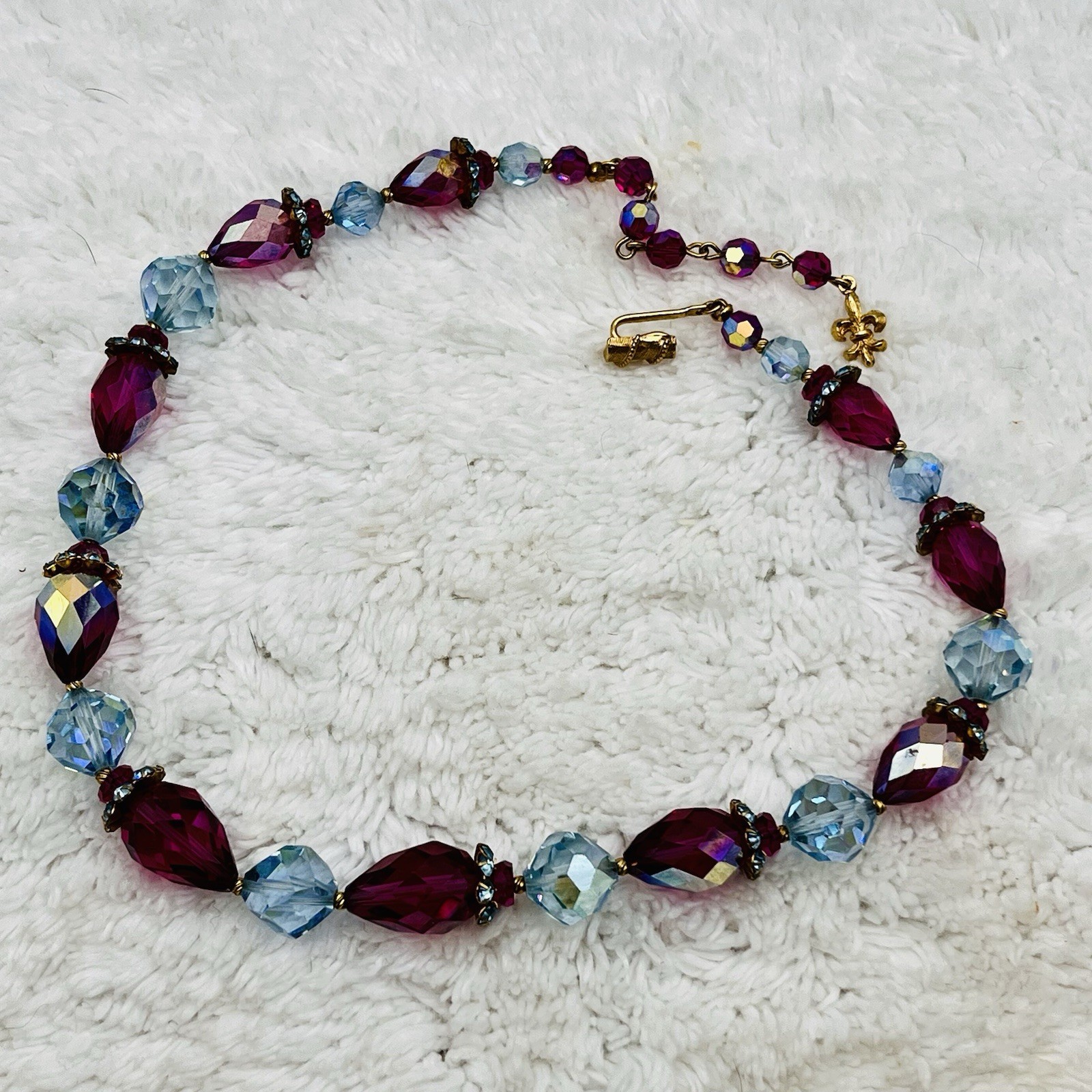 Vintage Vendome Necklace Blue Crystal Choker Iridescent Red AB Stones 16″