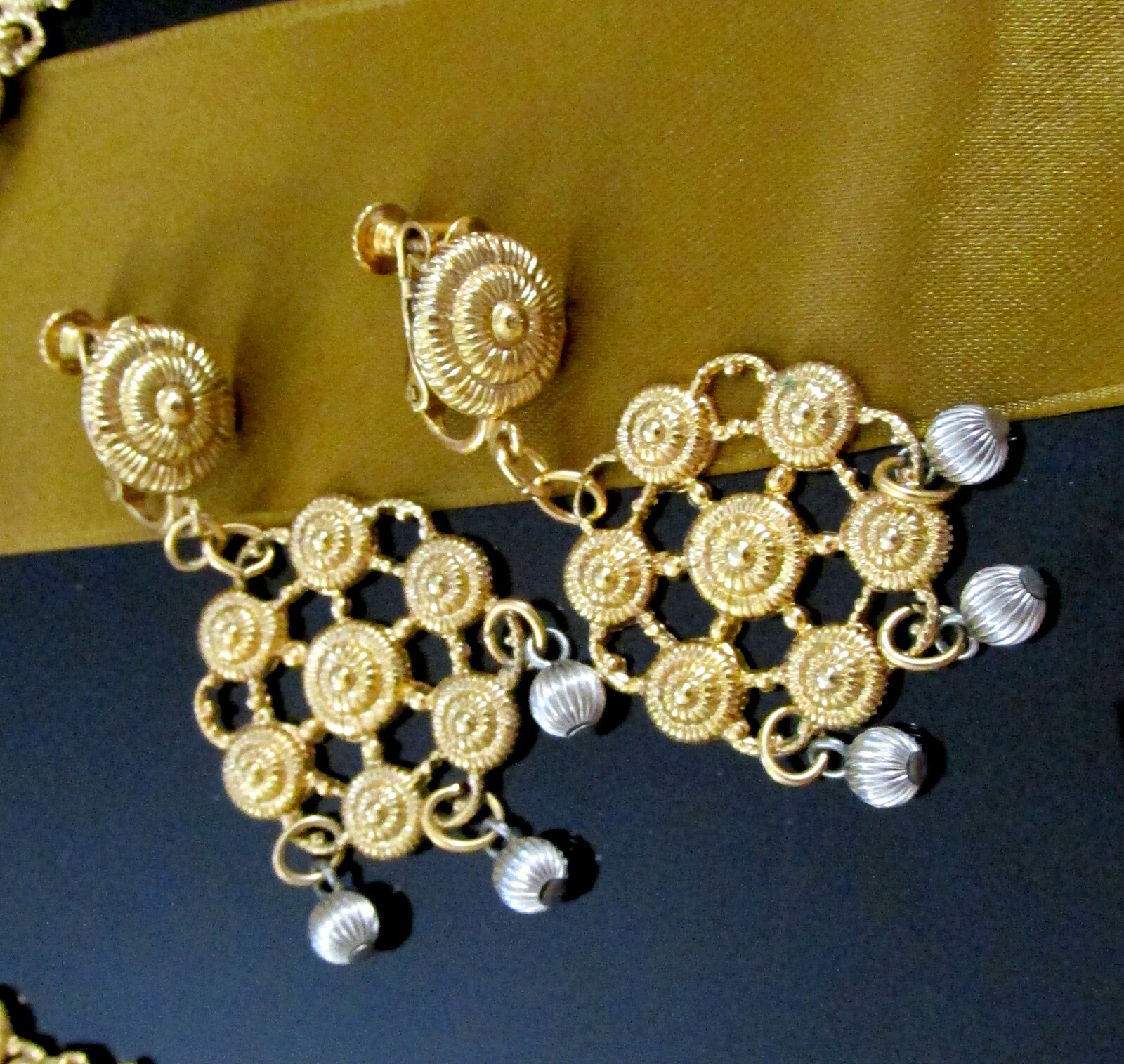 VTG Rare 70s Runway GP/Silver NAPIER Cannetille Filigree BIB NECKLACE EARRINGS