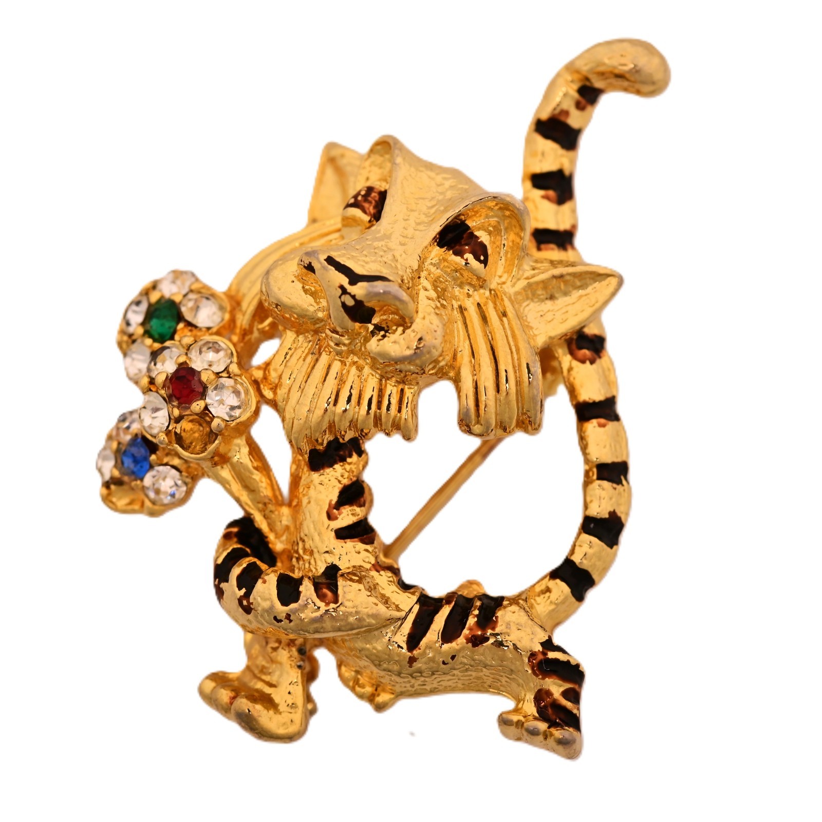 J MAZER Original Vintage Multi Rhinestone Enamel Estate Flower Tiger Brooch Pin