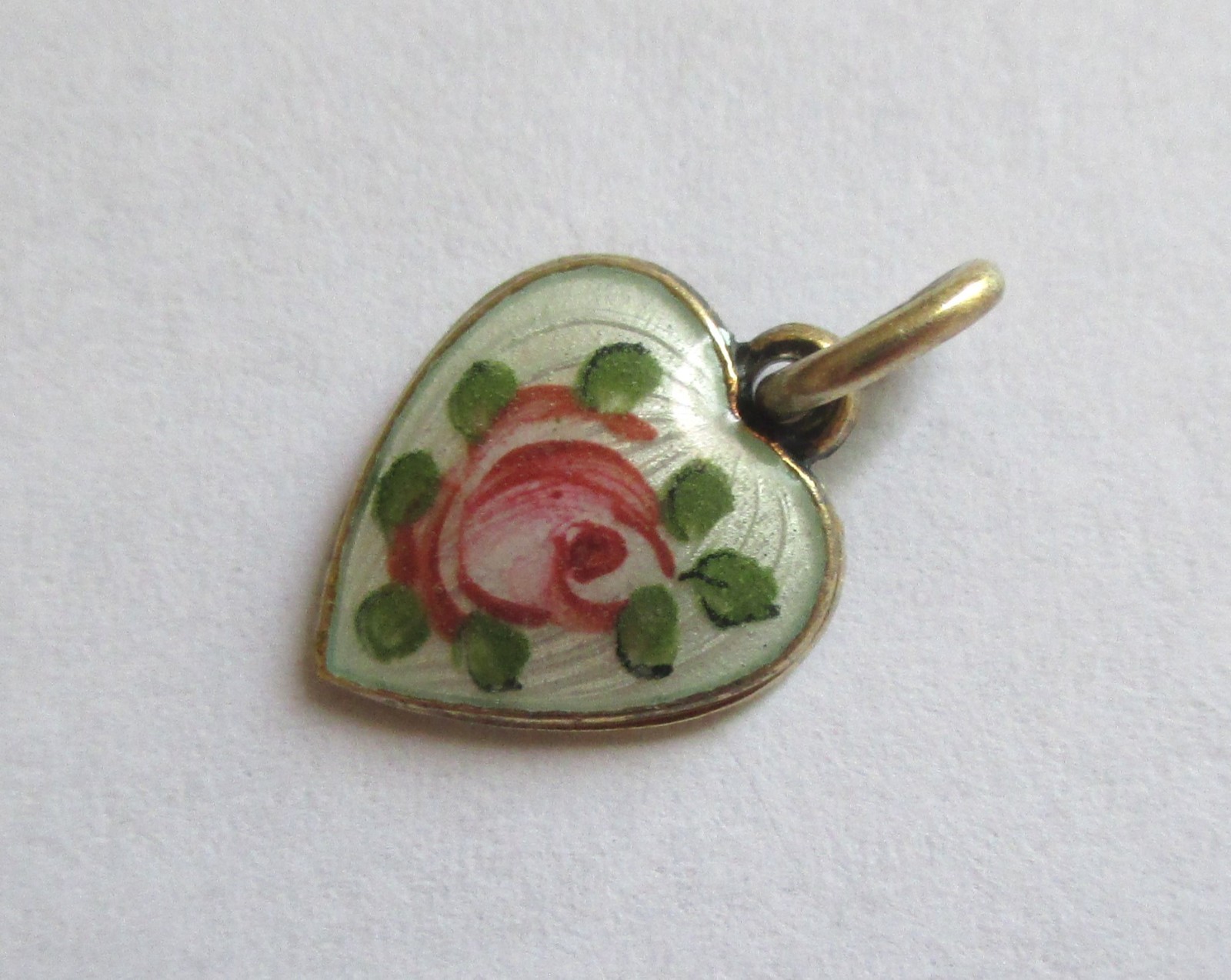 1/2in SMALL VINTAGE STERLING SILVER ENAMEL ROSE FLOWER HEART CHARM Gold Wash