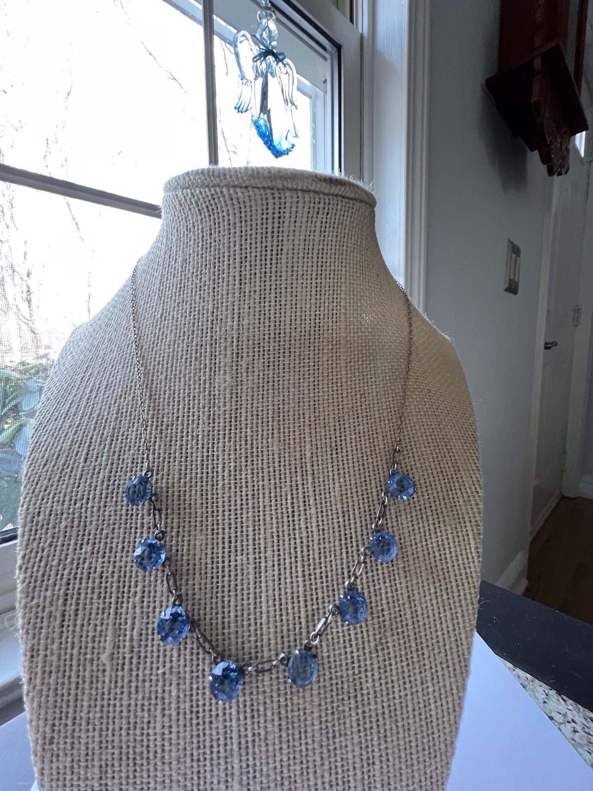 Antique Art Deco Sterling Silver Bezel Set Blue Crystal Necklace 17 Inches