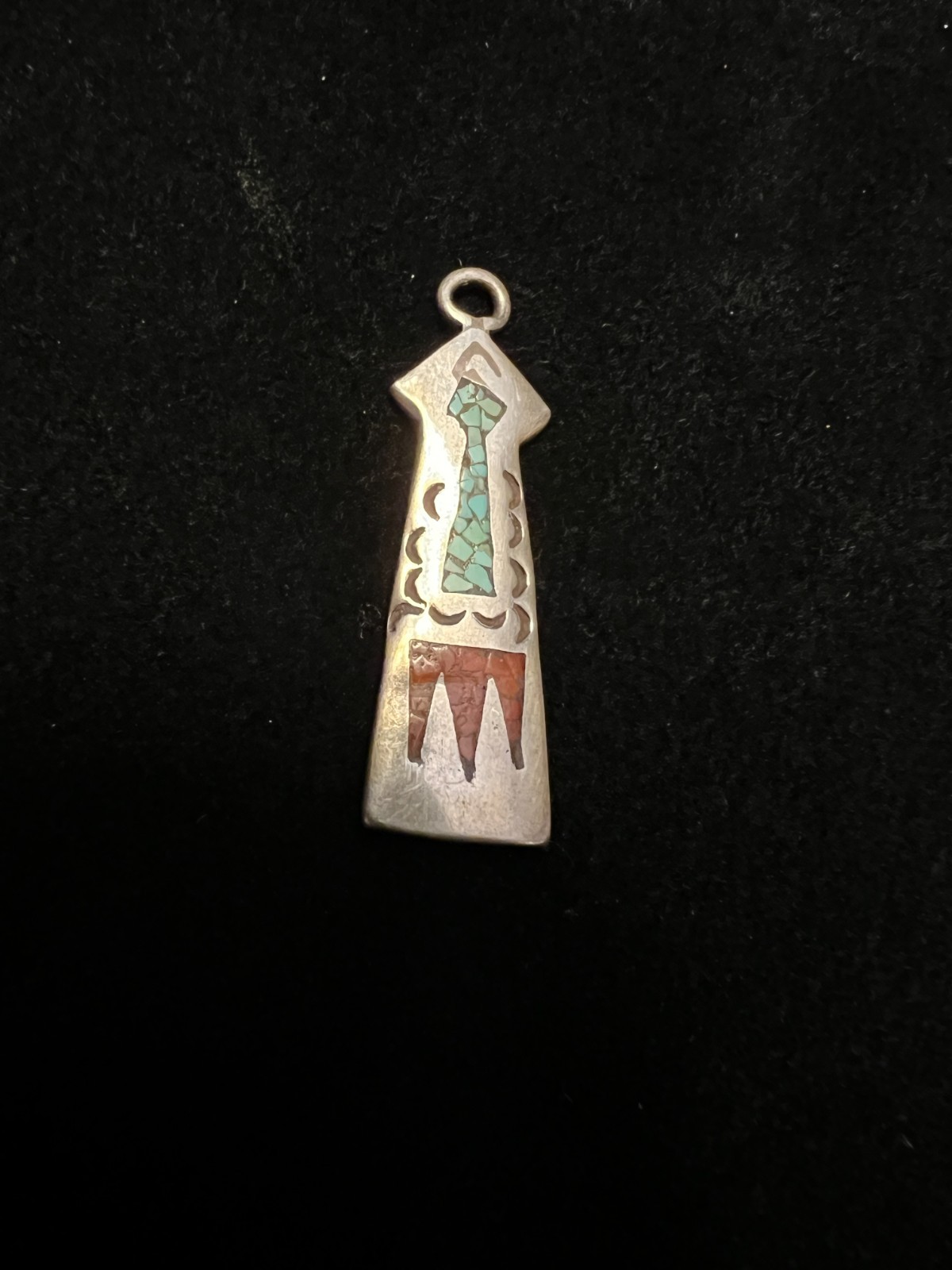 Native American-style pendant with turquoise and coral chip inlay RR SD marking