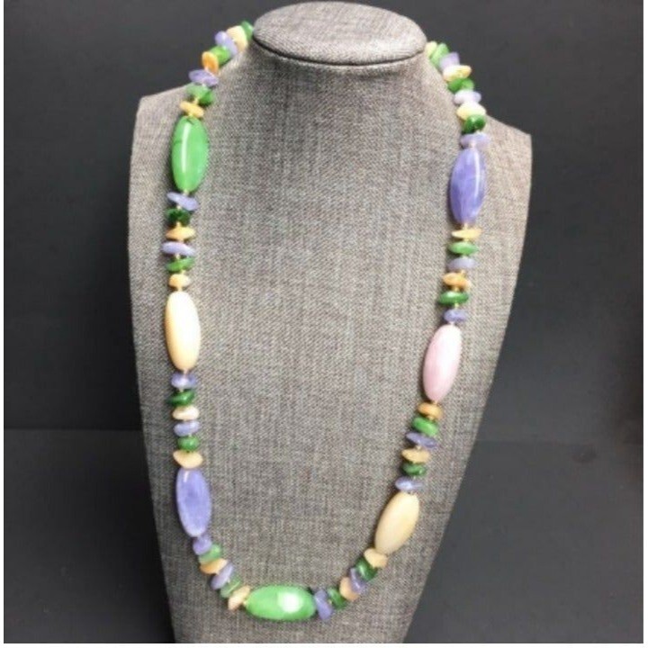 Retro Beaded Necklace Purple Cream Pink Green Gold Vintage Cottage Soft Girl