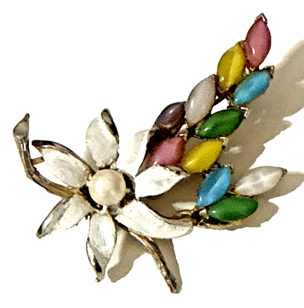 Vintage Floral Brooch Purple Pink Blue Yellow Cabochon White Enamel Pin 2.5″