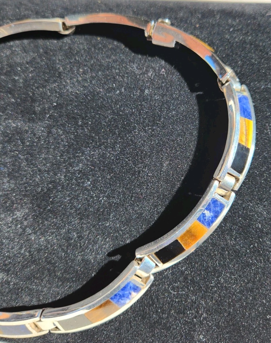 TAXCO Vintage 925 Sterling Silver 16.5″ Multi-Stone Inlay Necklace 114.85g TW