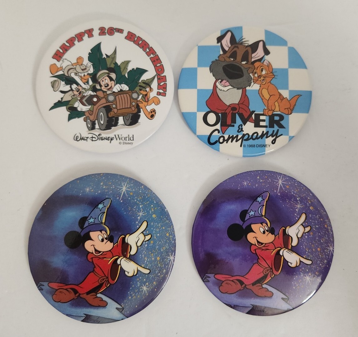 Lot Of 4 Vintage Disney Button Pins Oliver & Company Micky Mouse Fantasia WDW