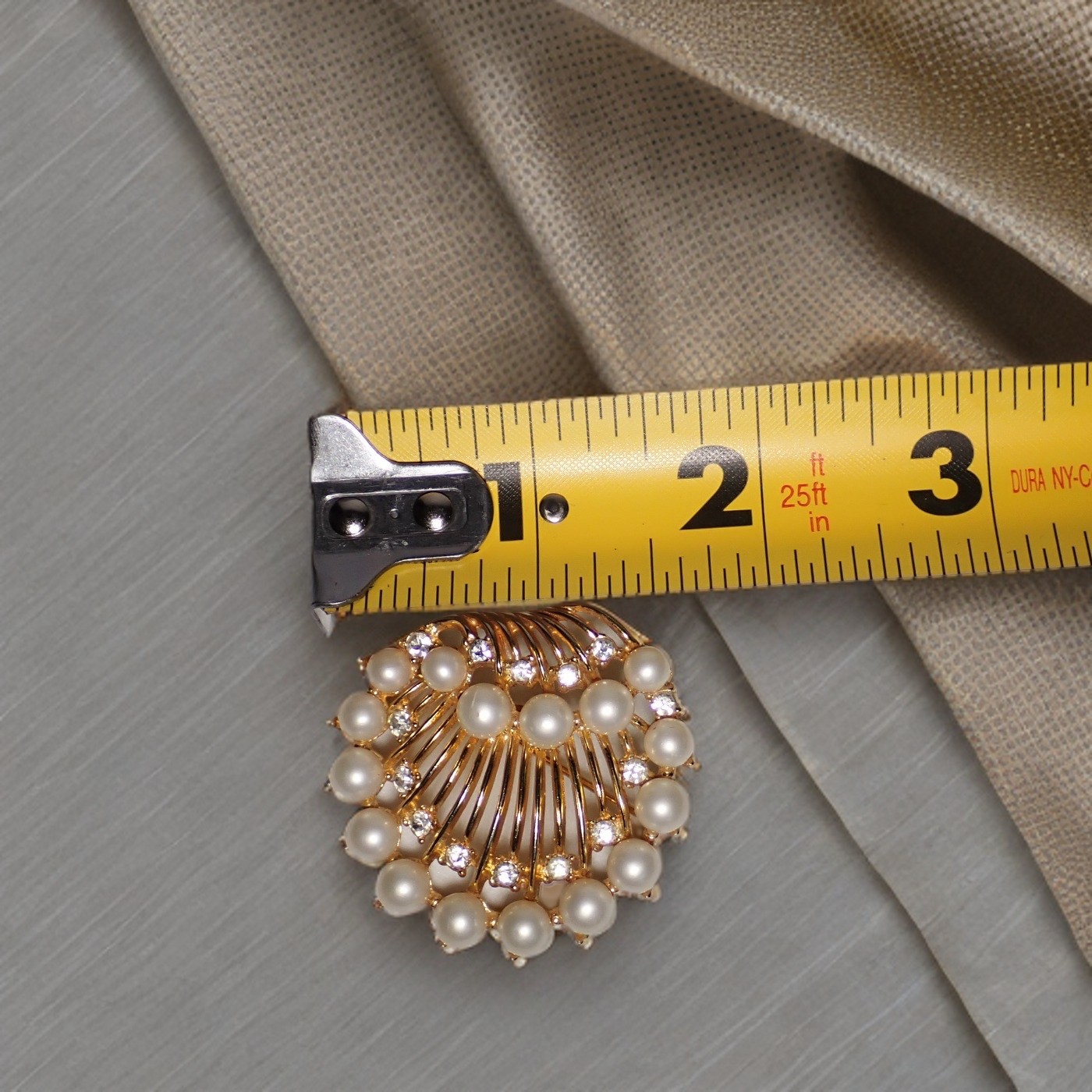 Crown Trifari Brooch with Faux Pearl & Rhinestone Accents Seahell Signed Pin