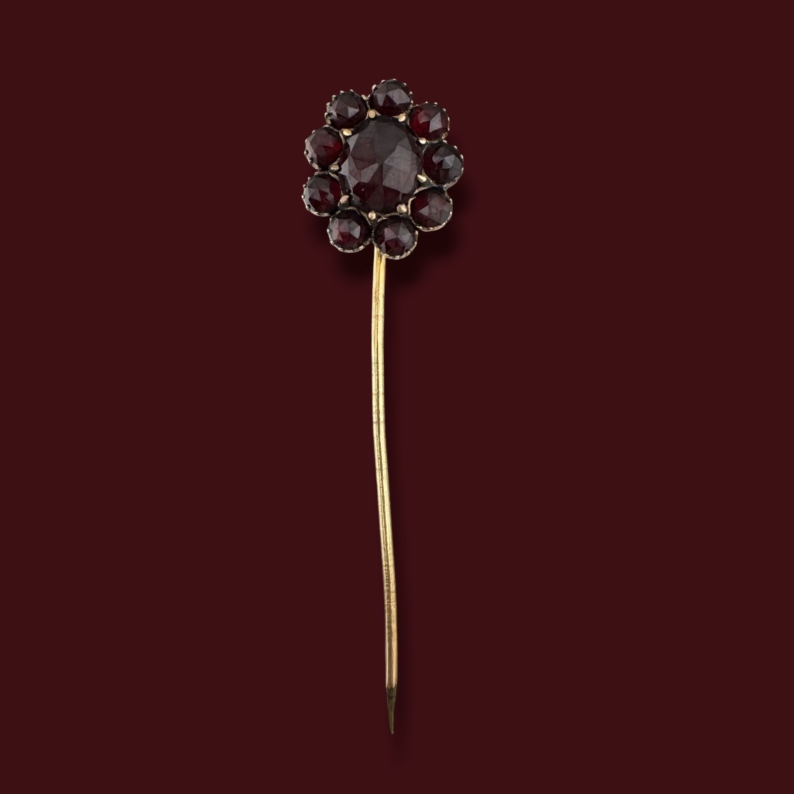Antique Bohemian Garnet Style Glass Gold Filled Floral Cluster Stick Pin