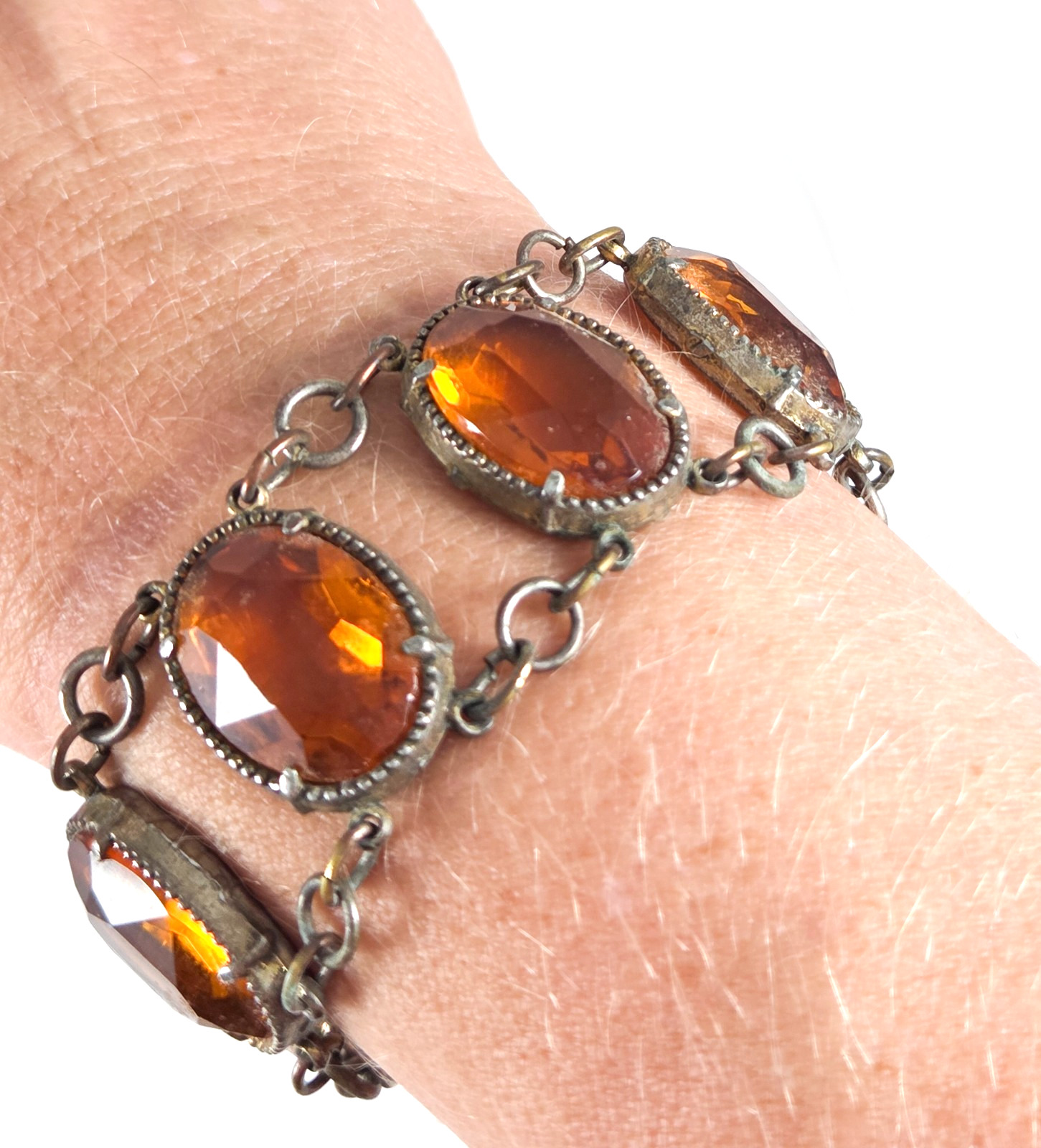 Antique Amber Faceted Glass Bracelet – Prong Set Double Chain