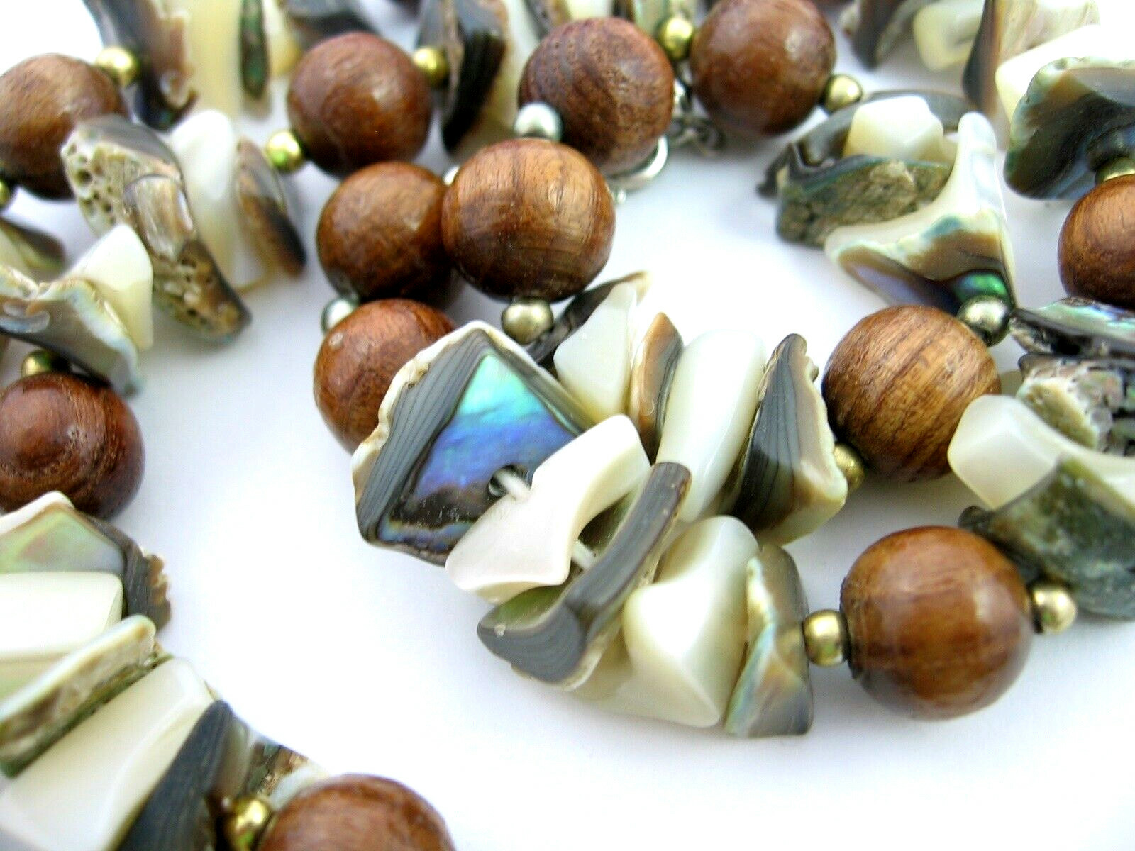ABALONE SHELLS Seashells Chips & Pieces WOOD Beads NECKLACE & Earrings Set VTG