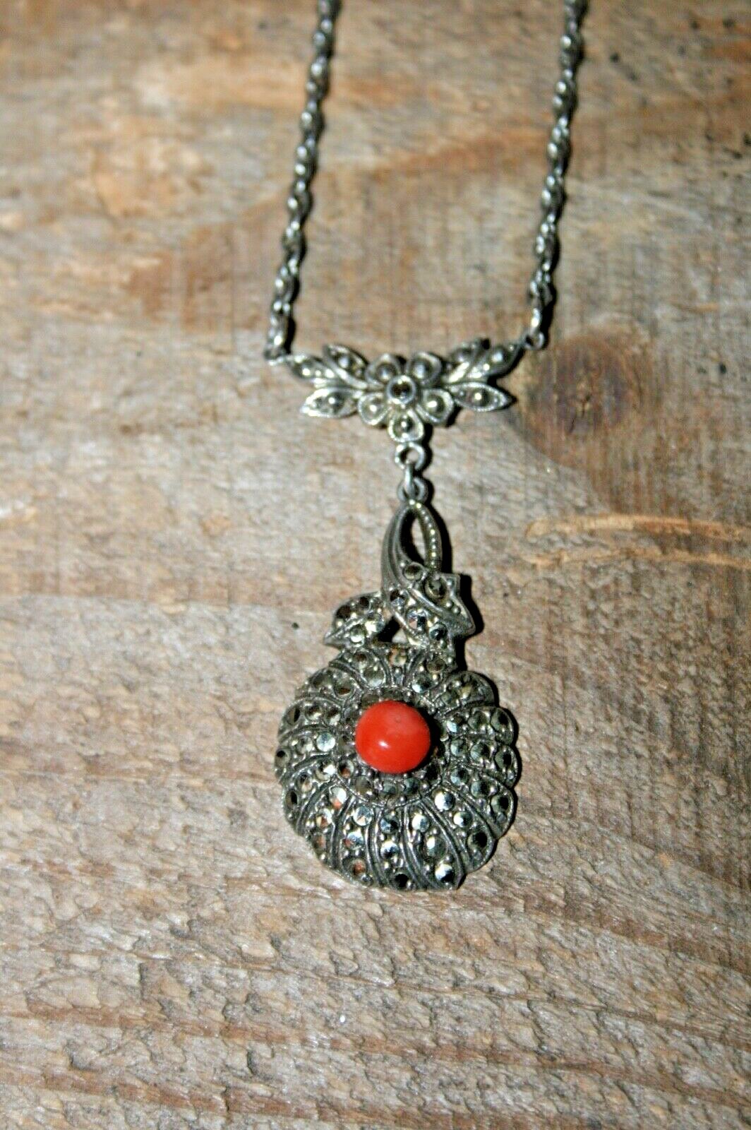 Vintage / Antique Art Deco Sterling Silver Coral & Marcasite Necklace 16″