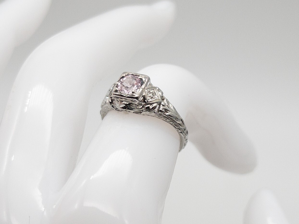 Antique 1920s Certified NO HEAT Purple Pink Sapphire Diamond 18k White Gold Ring