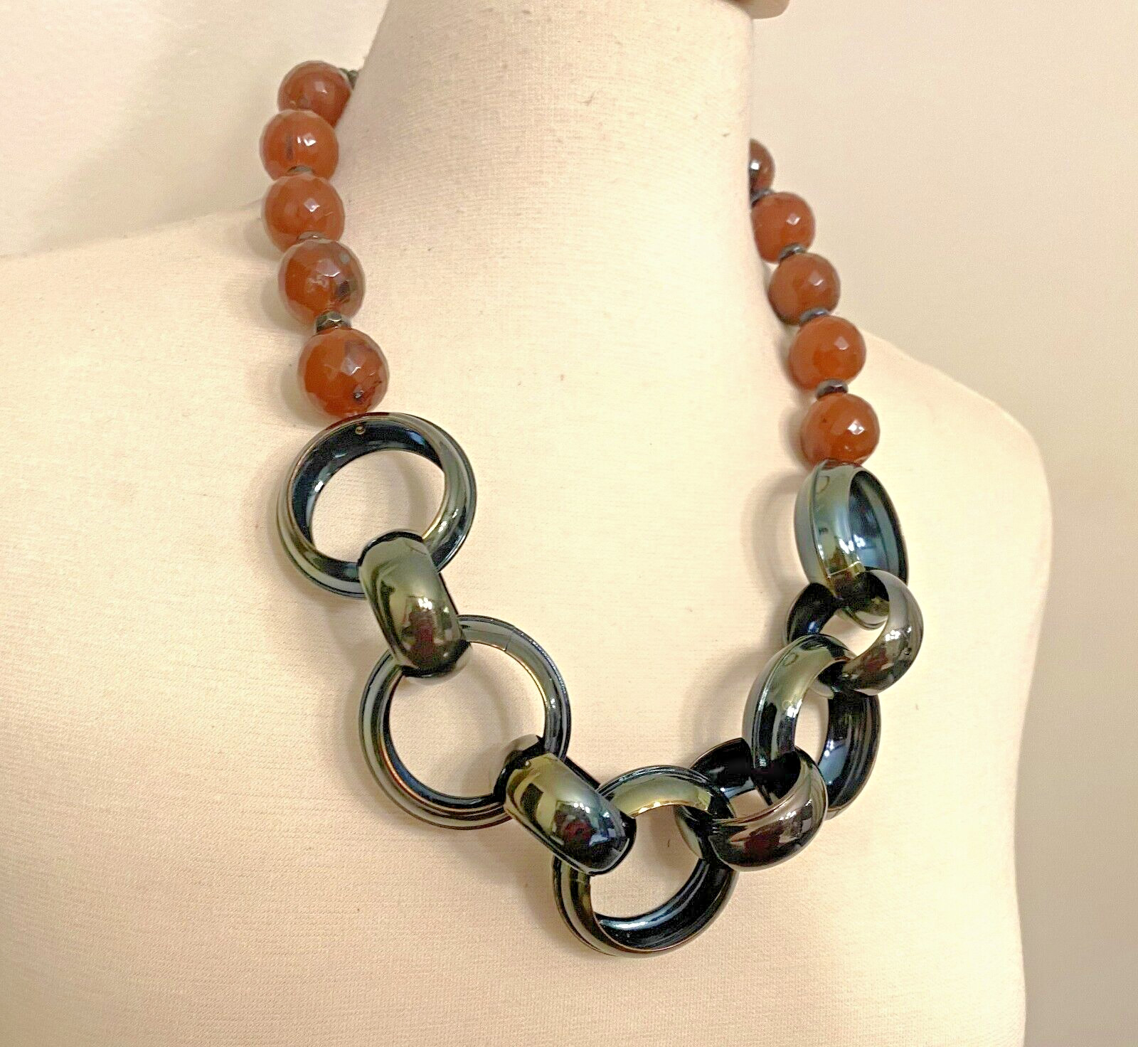 Vintage Brown Resin & Green Metal Chain Necklace