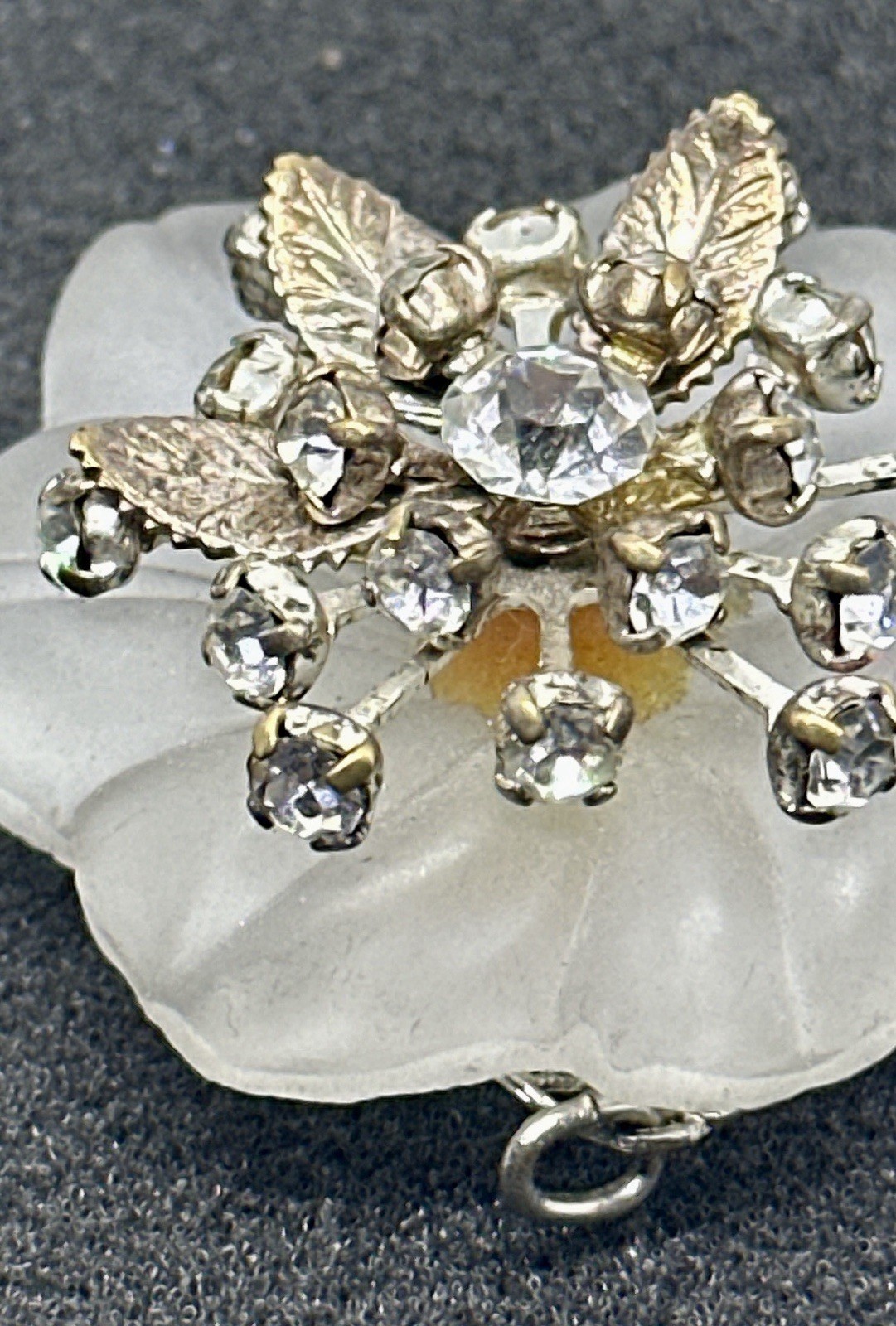 Vintage Carved Frosted Quartz Flower Silver Tone Rhinestone Center Pendant Charm