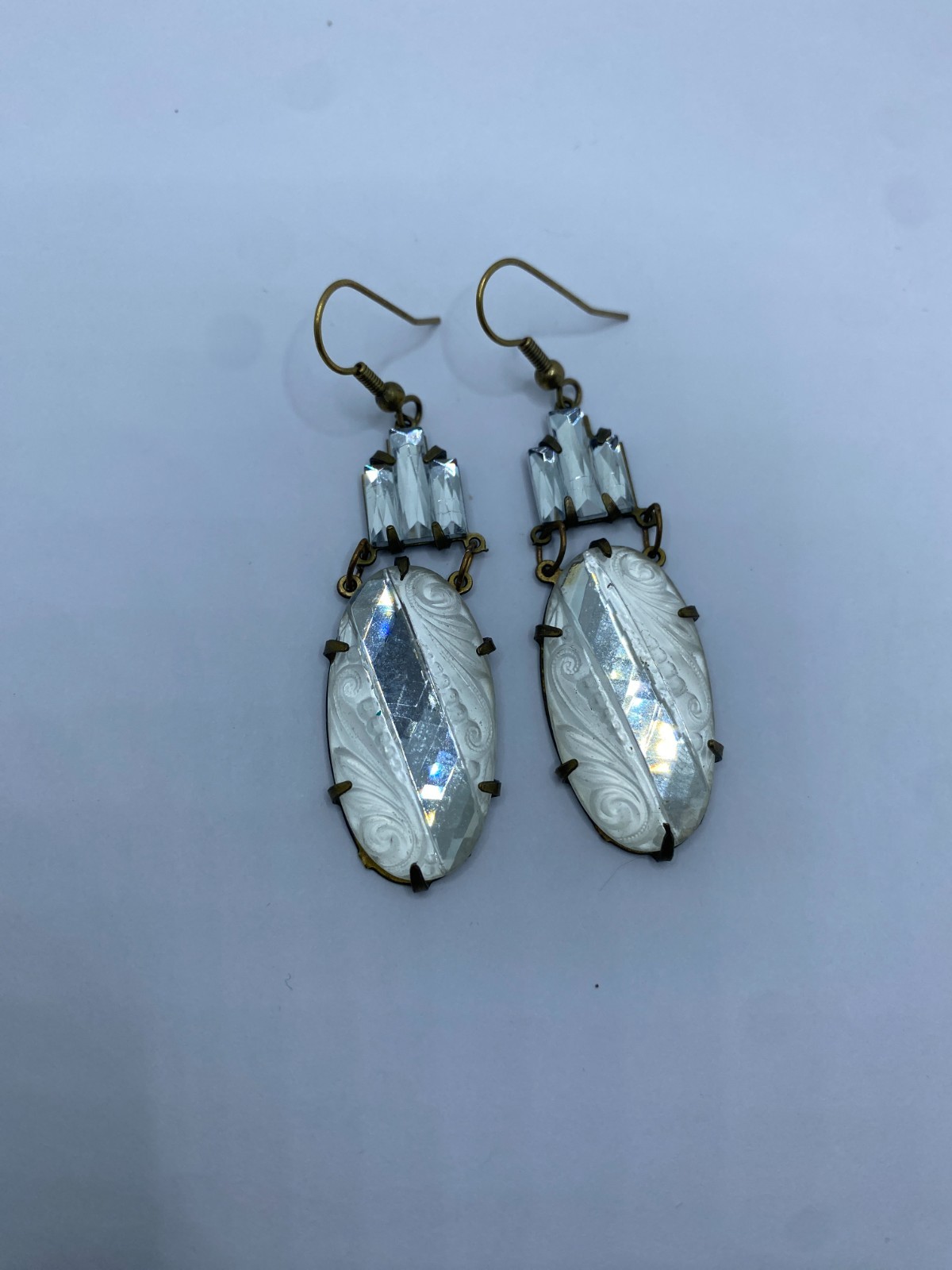 Glass Works Studio Earrings Frosted Clear Etched Faceted Glass & Rhinestones