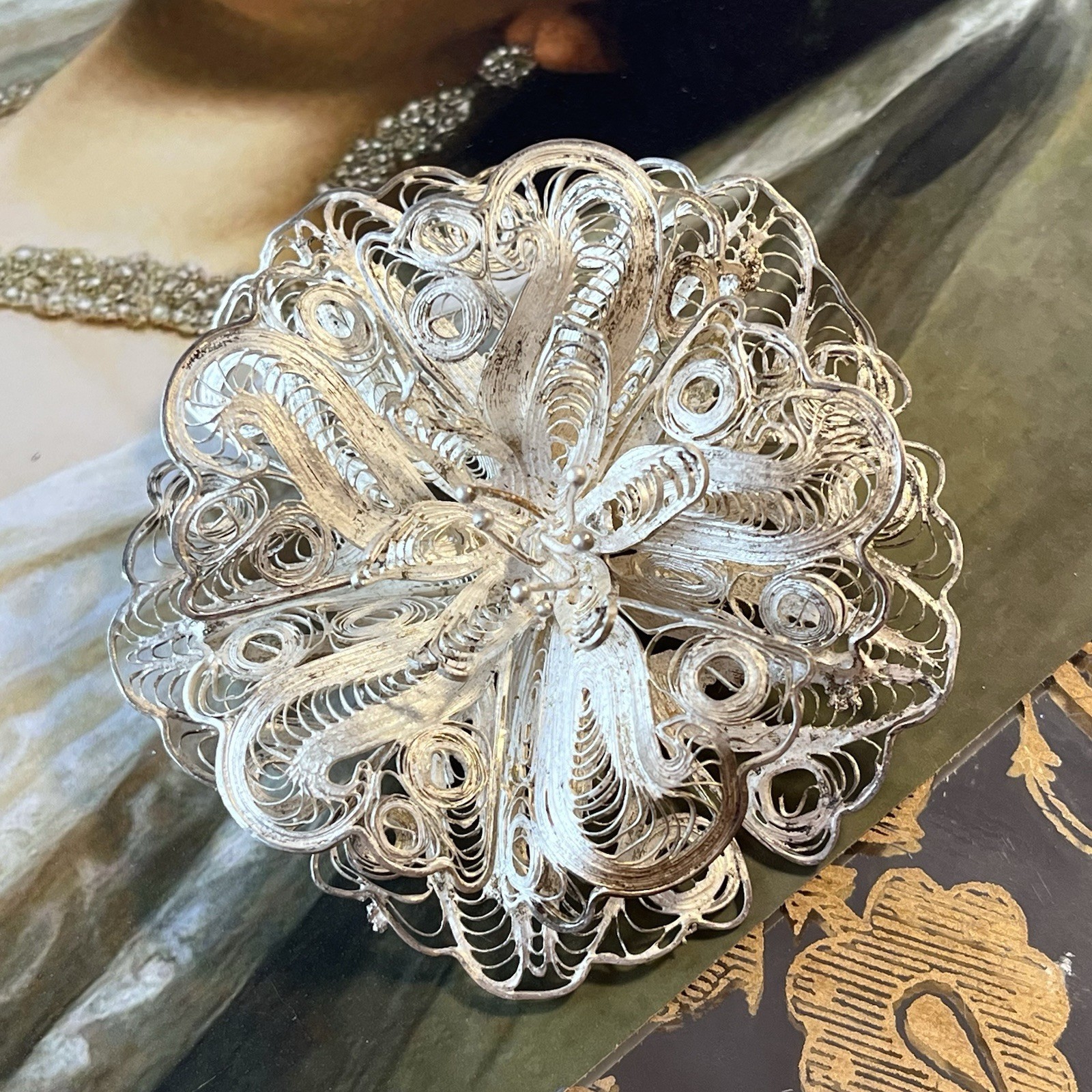 Vintage Mexican Cannetille Filigree Floral Brooch – 2.5” – Marked SILVER MEXICO