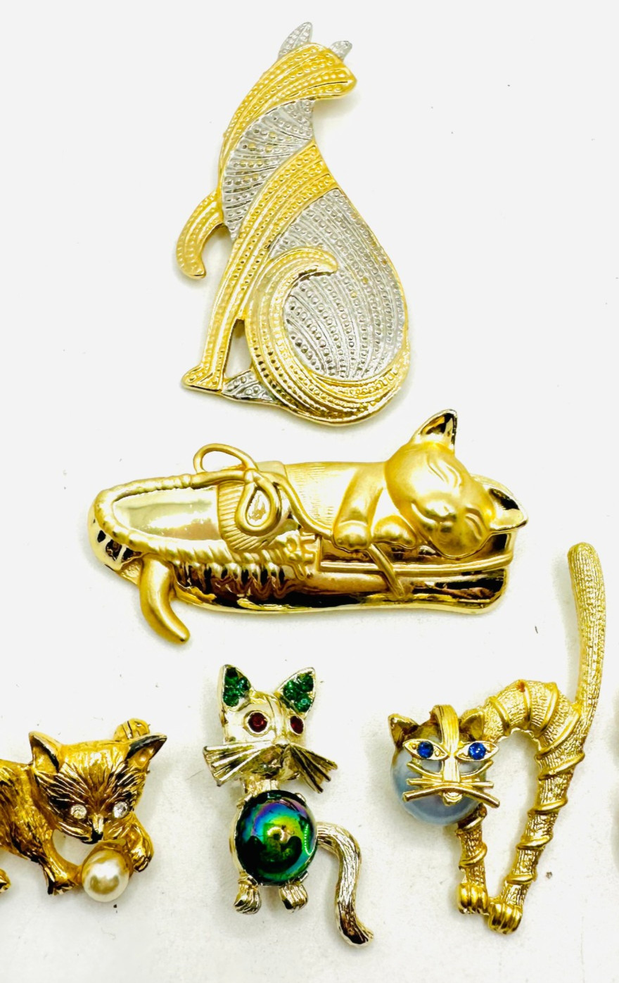 Lot Fun Gold Tone CAT Brooches, Jelly Belly, Rhinestone, Park Lane, AJC, Coro