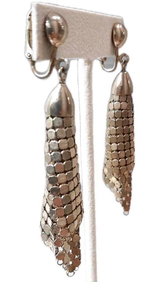 VTG Goldtone Chain Mesh Ball Drop Dangle Clip-on Earrings Retro Disco Elegant 3″
