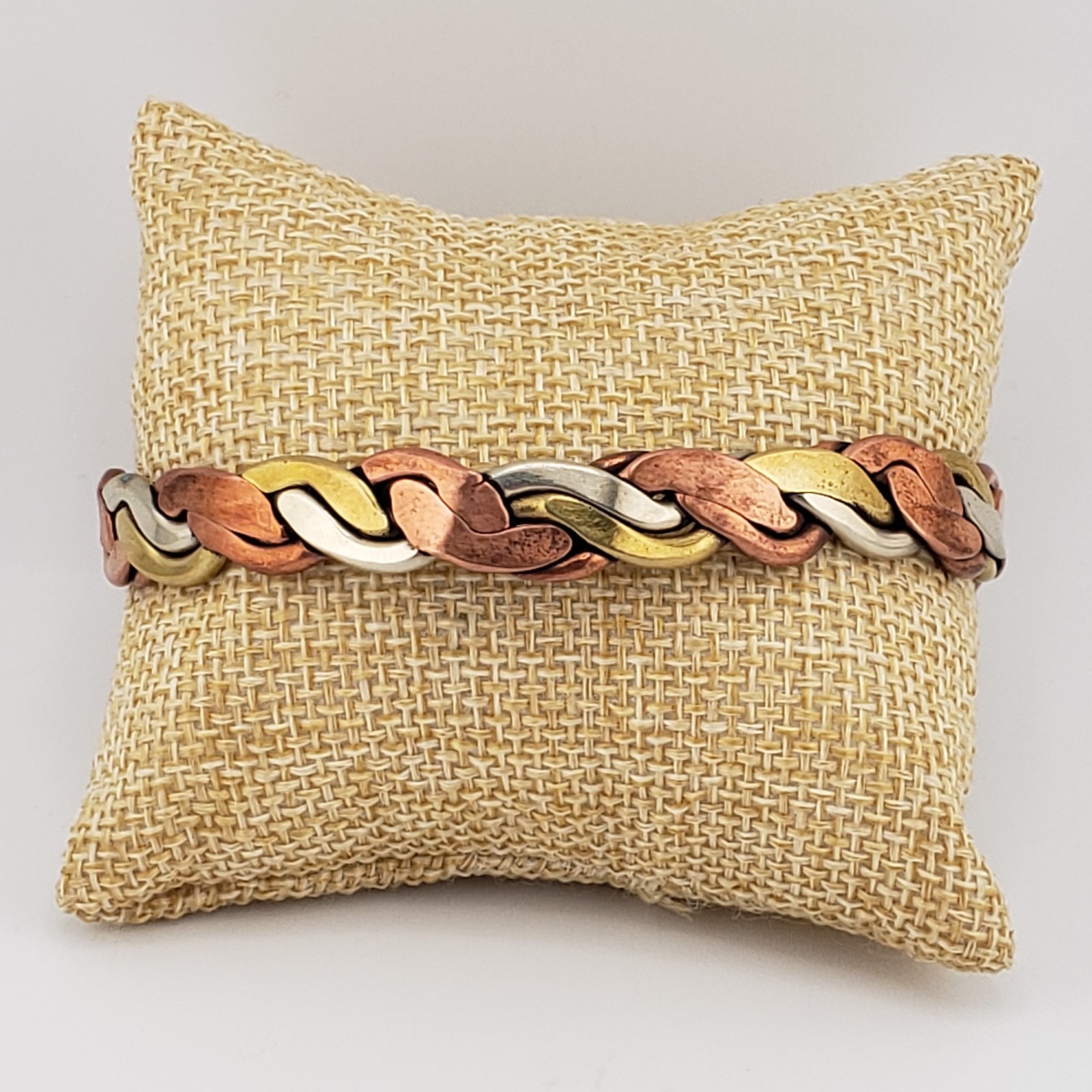 Vintage Tri Color Mens Cuff Bracelet Copper Brass Silver Tone Twist Braid