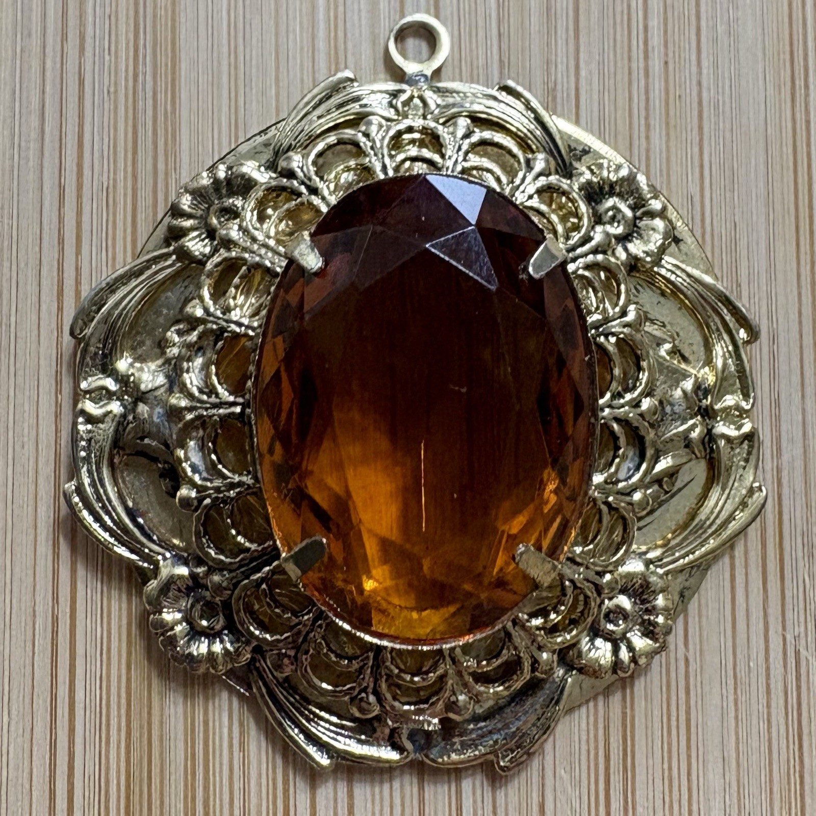Vintage Victorian Revival Filigree Pendant Honey Amber Glass Gold Tone Ornate