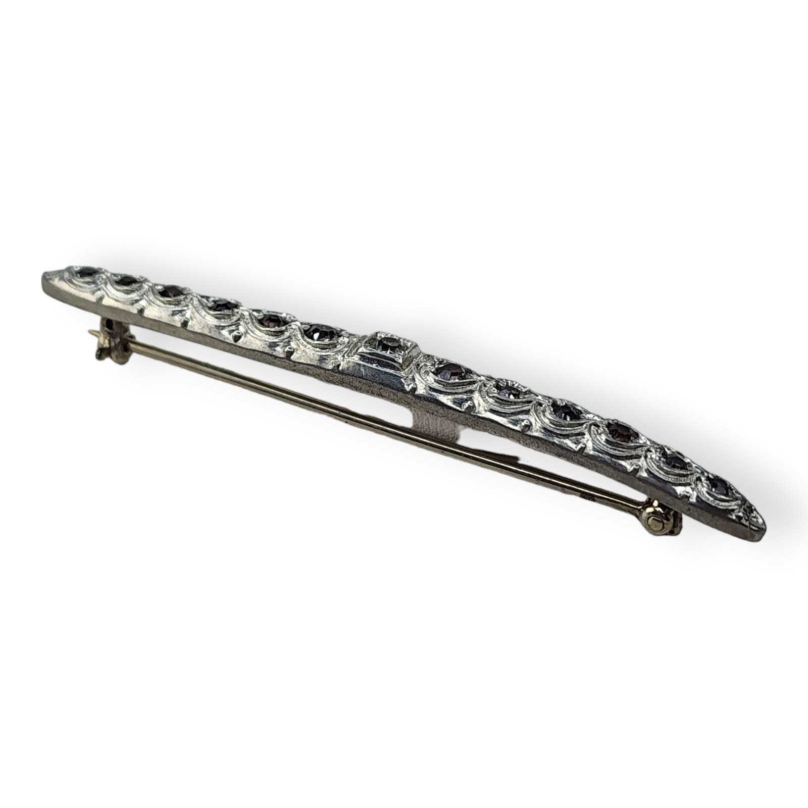 Vintage Art Deco Silverite Fishson Clear Rhinestone Bar Brooch Pin