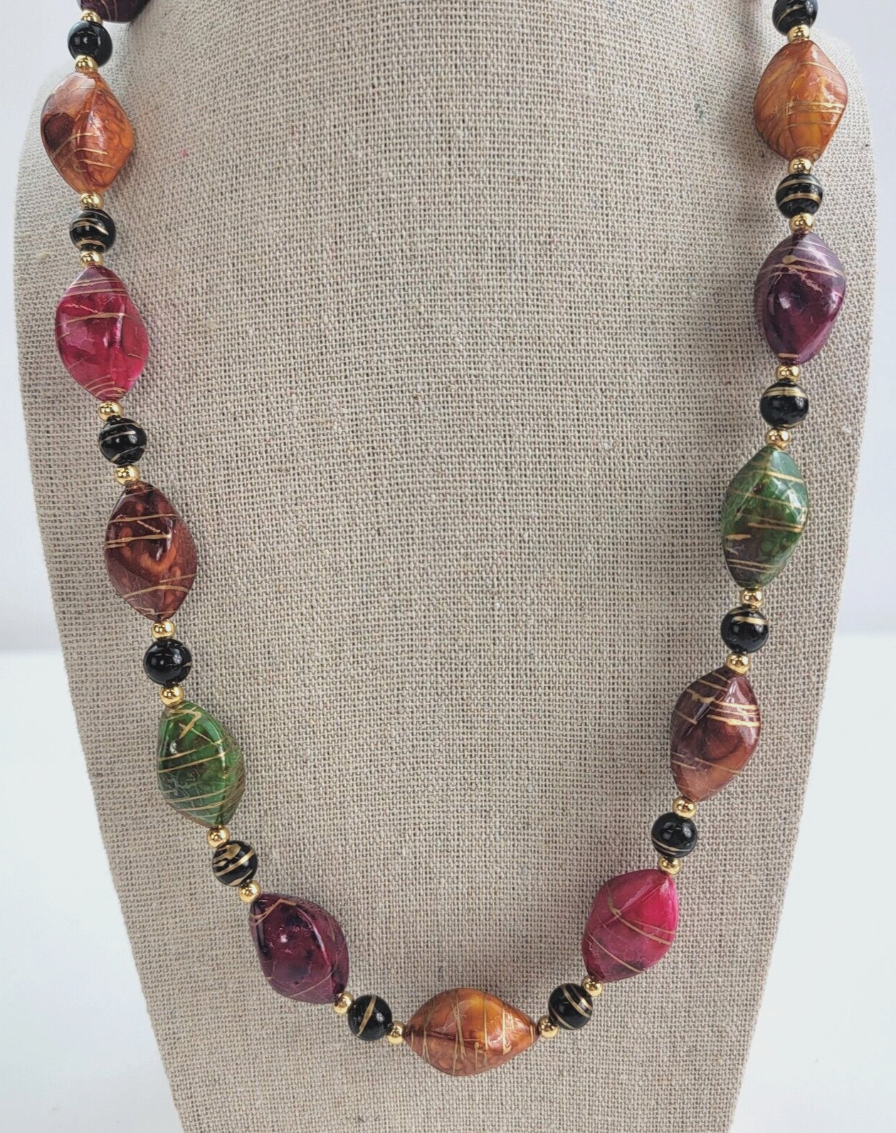 Vintage Colorful Twisted Plastic Bead Necklace Gold-Tone Detail 23.5 in