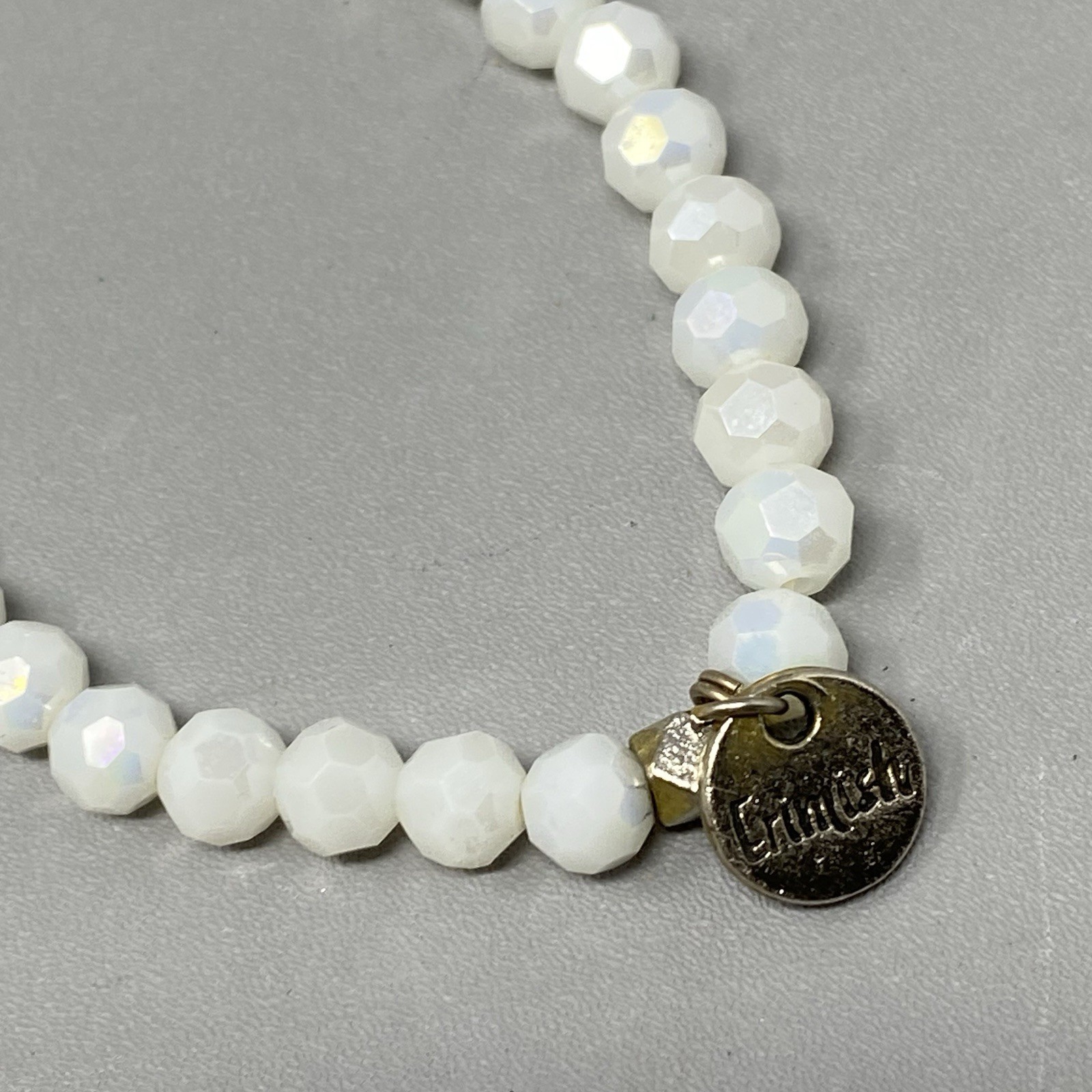 Erimish Bracelet White Faceted Fire Polished Glass Beads Stretch Designer 7″