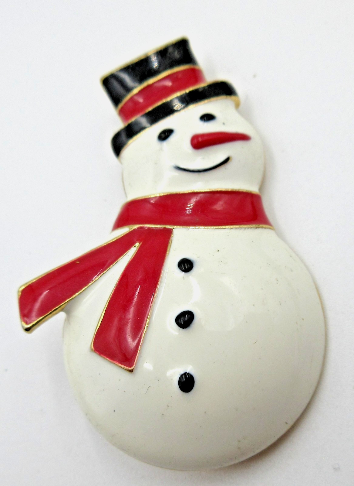 VTG BIG ENAMEL SNOWMAN HAT SCARF CHRISTMAS red black white brooch gold tone pin