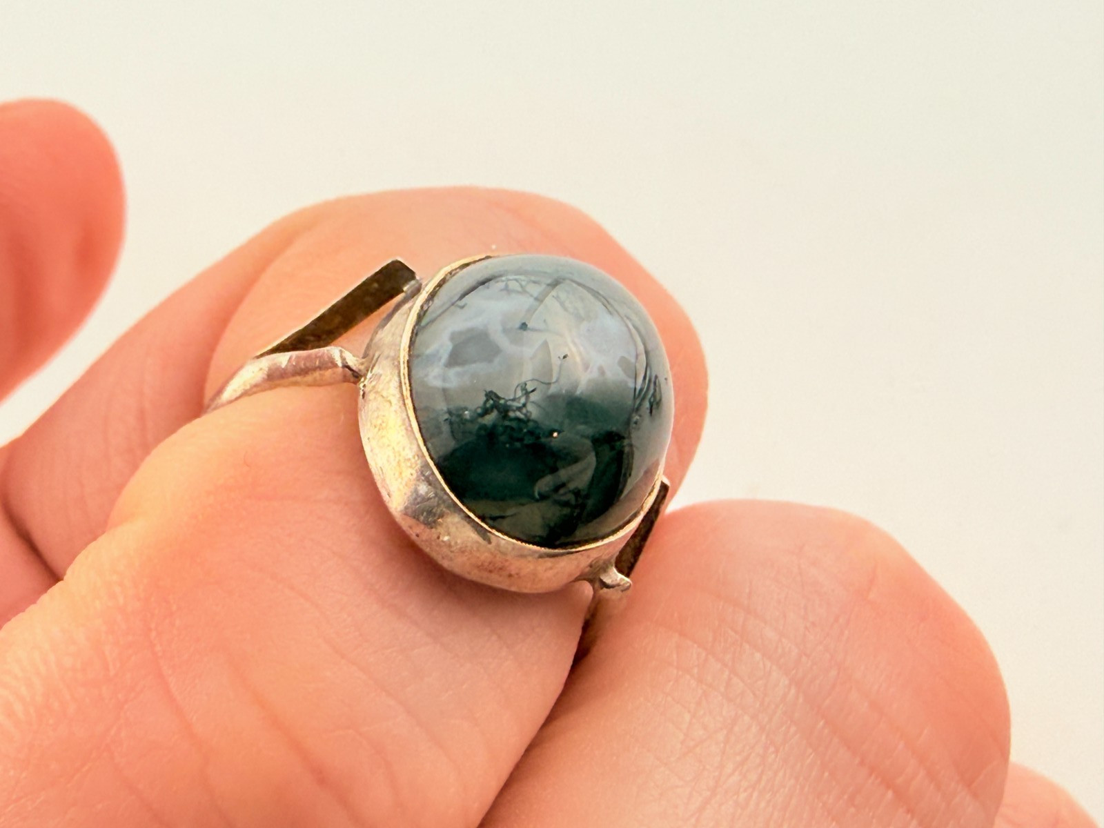 Vintage Swedish Sterling Silver Moss Agate Ring 925 Size 5.5 Three Crown Mark
