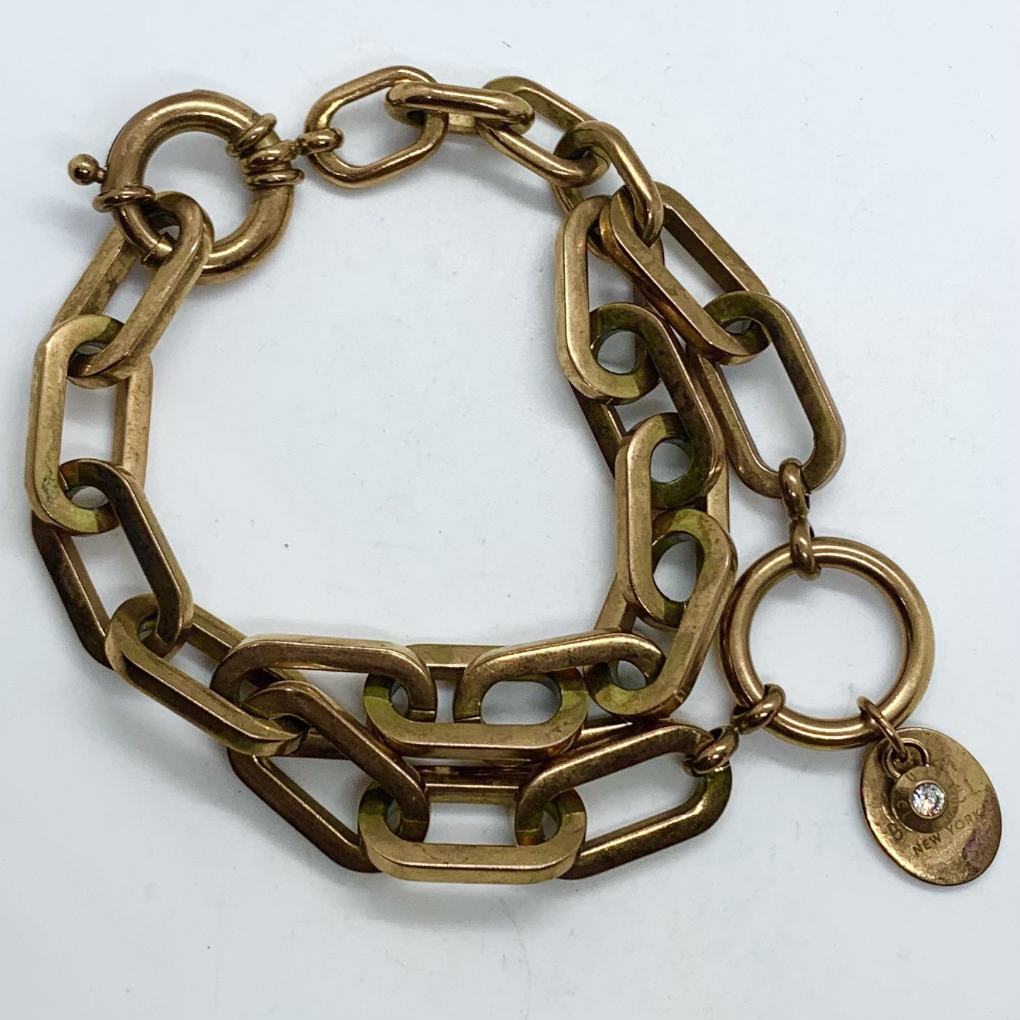 VTG HENRI BENDEL DESIGNER COPPERTONE BIG CHAIN LINK CHARM BRACELET 7.25” SIGNED