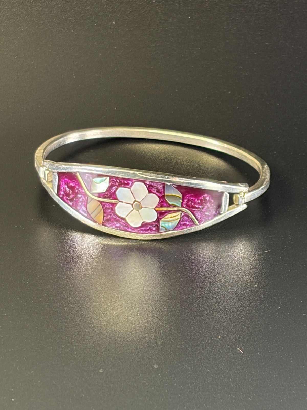 Vintage Alpaca Mexico Purple Enamel and Shell Silver Inlay Flower Bracelet