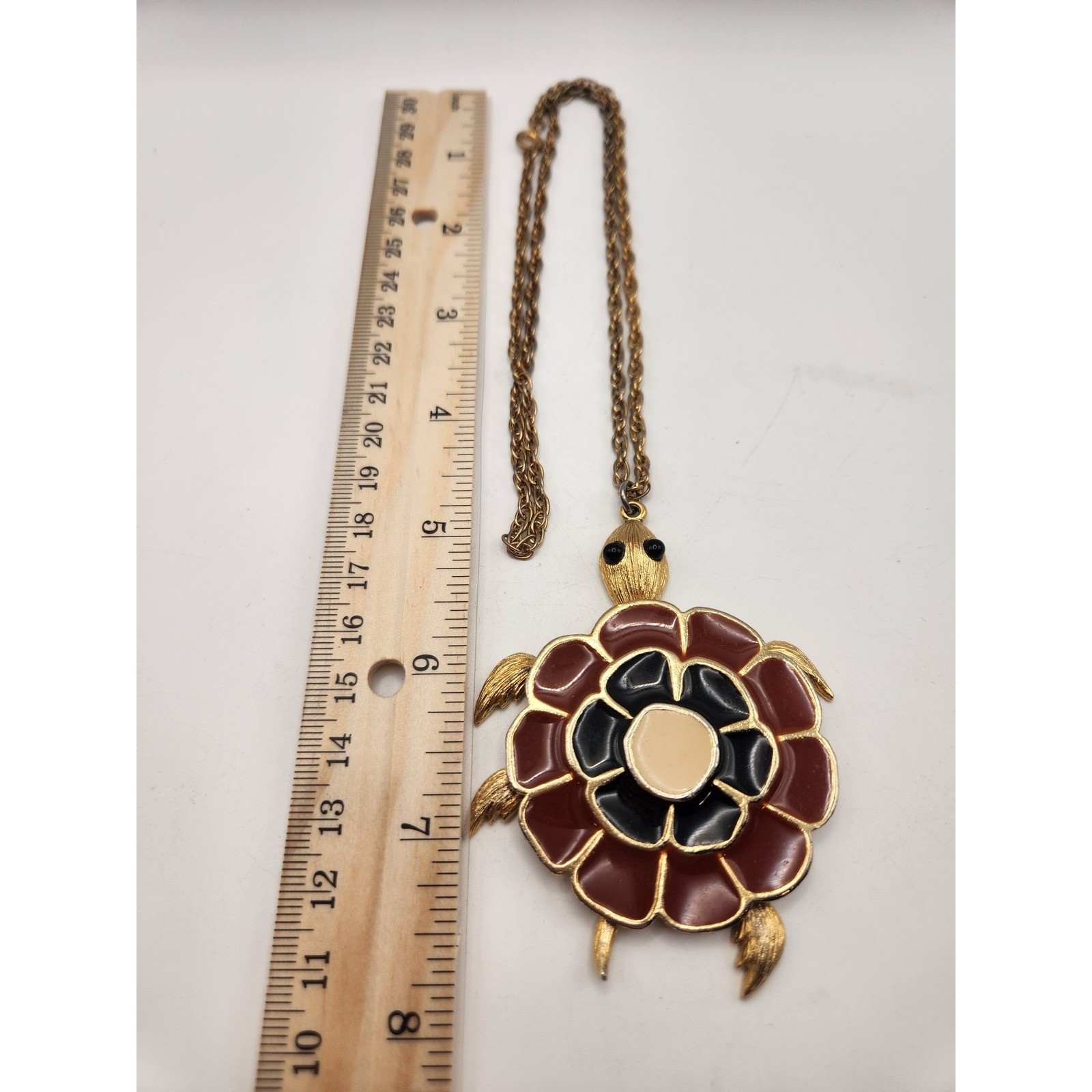 Vintage Gold Tone Enamel Turtle Pendant Necklace Red Black Large Statement Retro