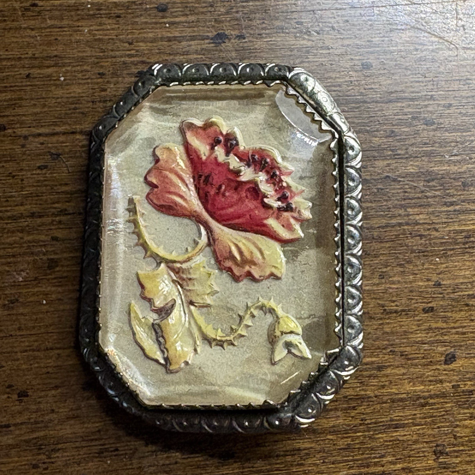 Vintage Reverse Carved Intaglio Brooch Poppy Flower Engraved Silver Tone Setting