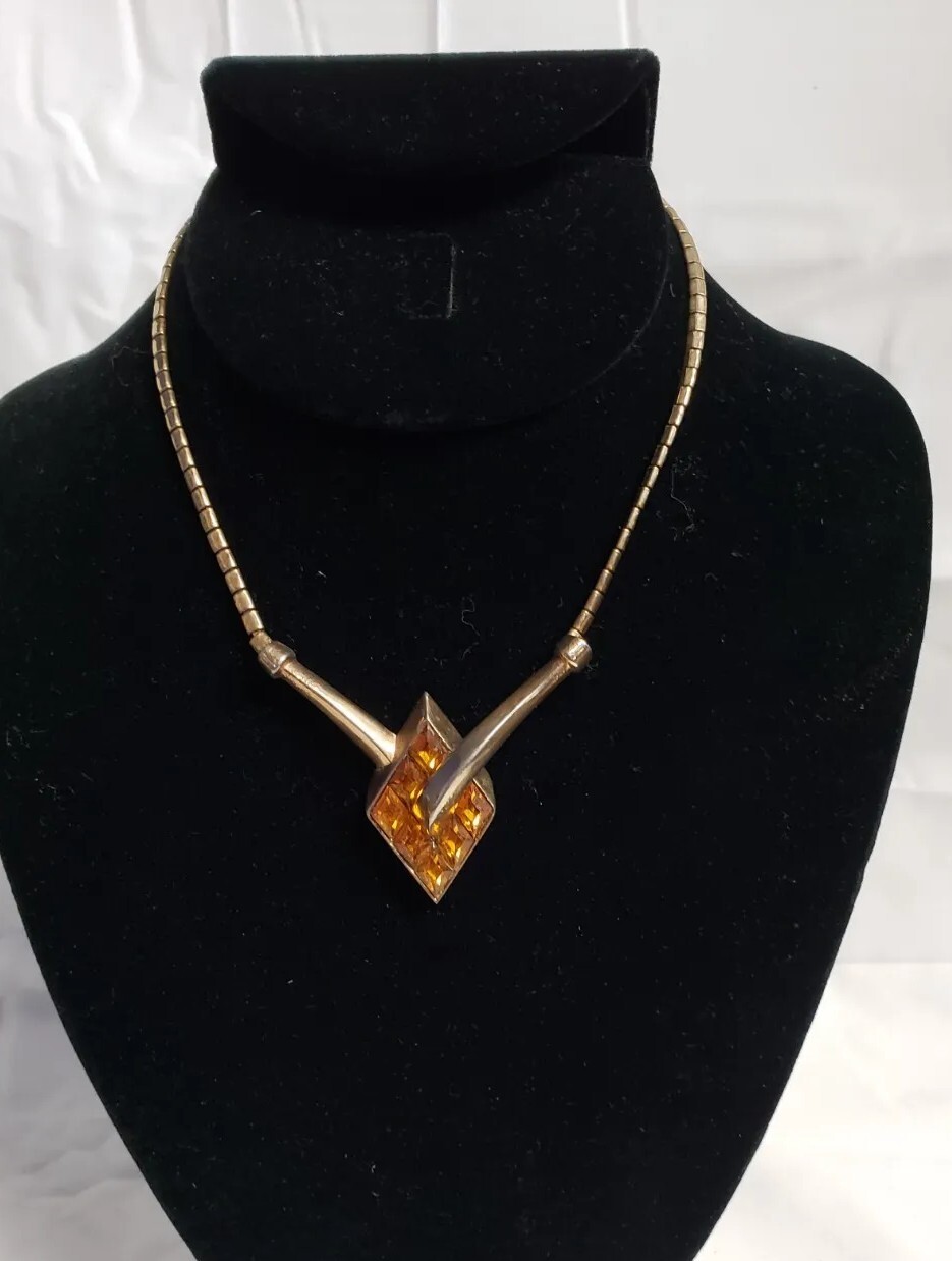 Vintage Crown Trifari Amber Lozenge Rhinestone Choker Necklace Goldtone 14″