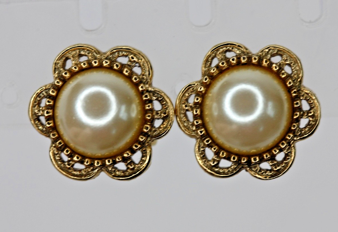 1928 Brand Faux Pearl Cabochon Earrings Ornate Victorian Revival Flower Clip on