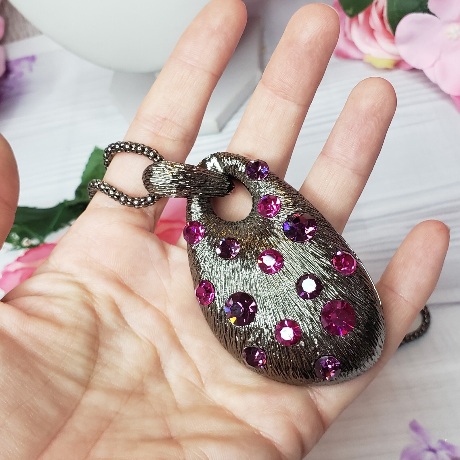 Pink Purple Rhinestone Large Pendant Necklace Gunmetal Tone Chain Statement